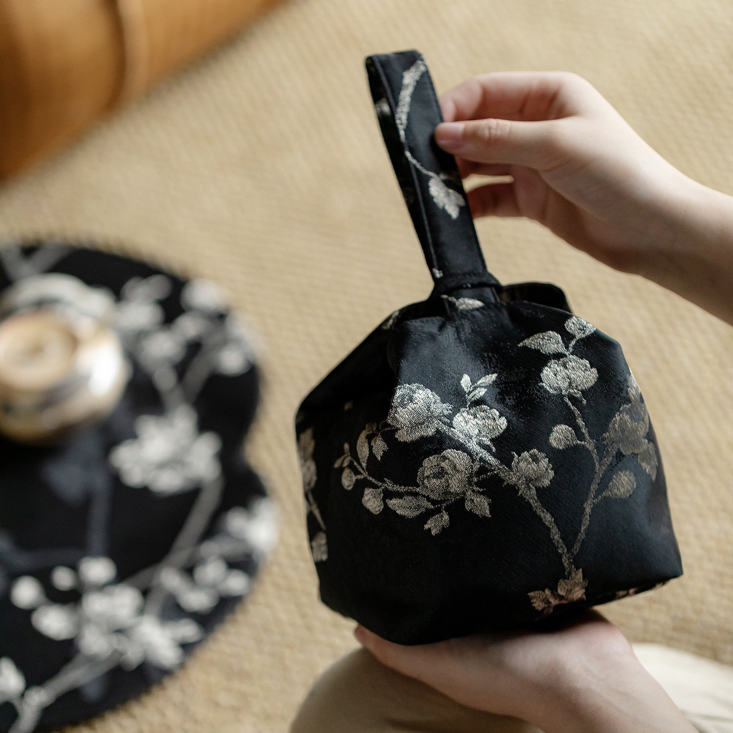 This is a brocade storage bag. this is a cloth tea bag