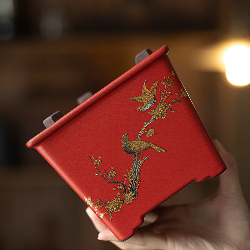 Chinese Handpainted Classical Red Soda Glaze Side Handle Pottery Pot Kettle Pottery Open Fire Charcoal Burning Alcohol Stove Base Charcoal Stove