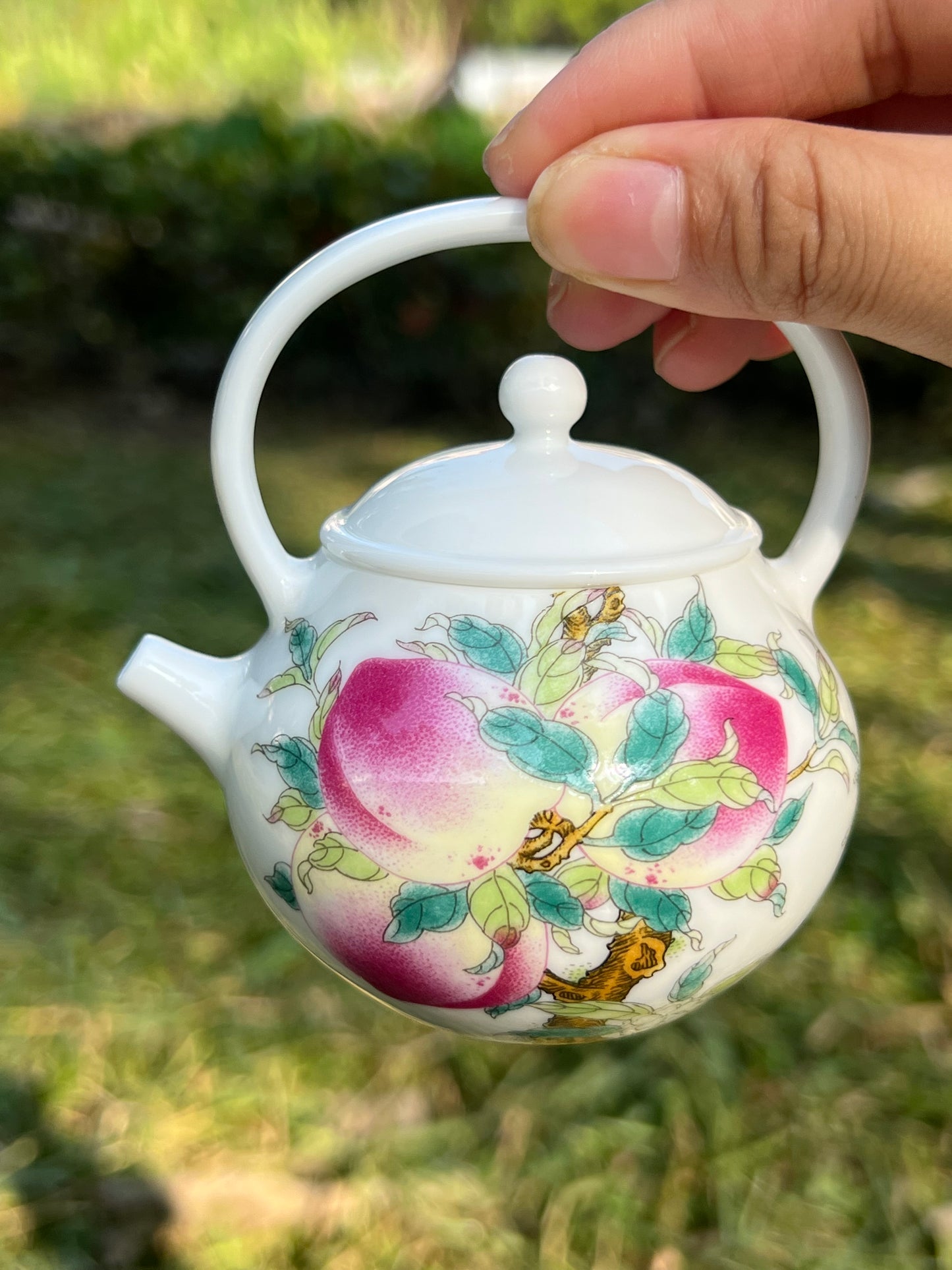 Hand Painted Chinese Peach Lifting Handle Teapot Famille Rose Pink Teaware Jingdezhen Master Ceramic Artwork