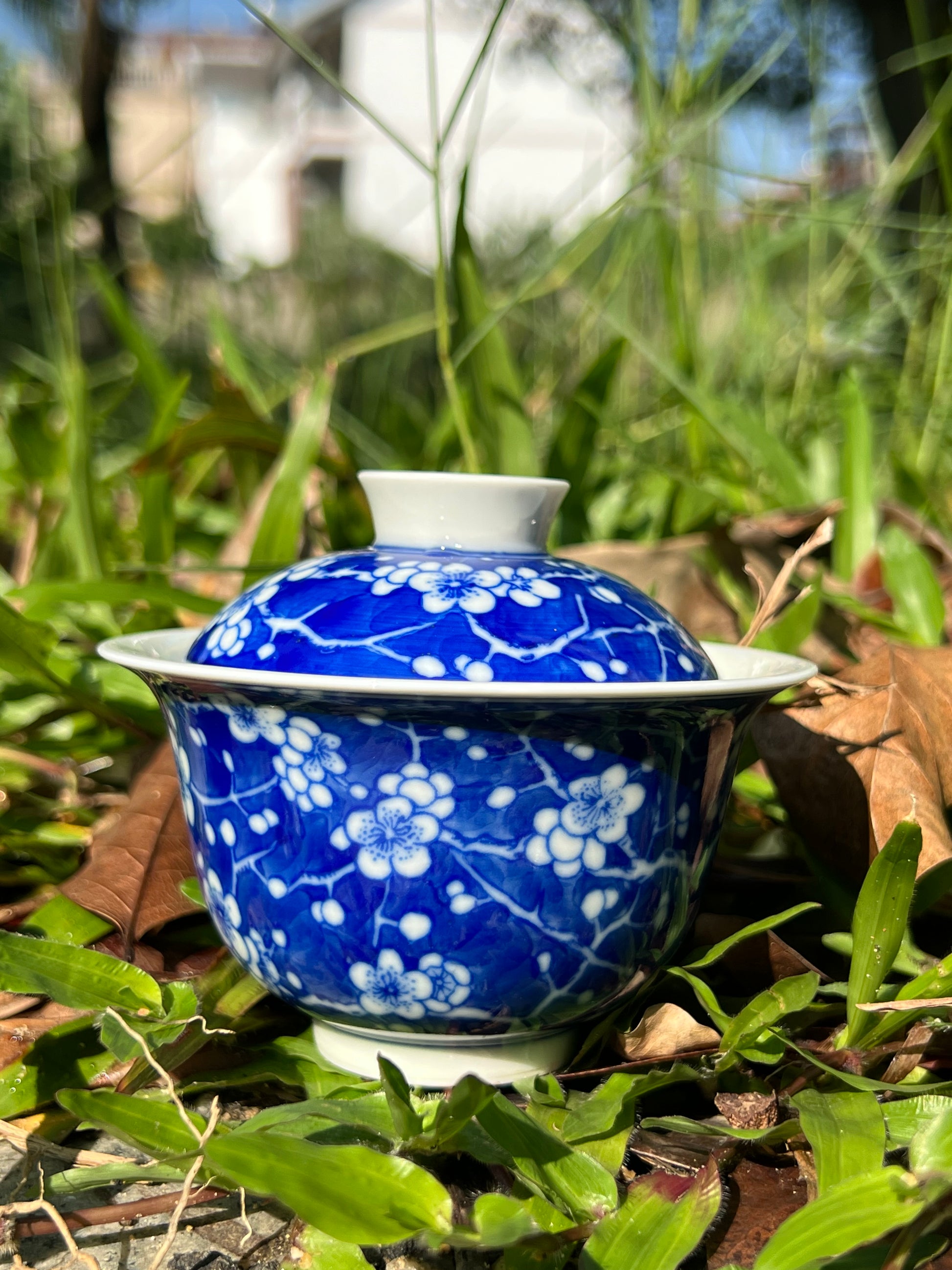 This is Chinese Jingdezhen blue and white porcelain gaiwan. This is a ceramic plum flower teapot