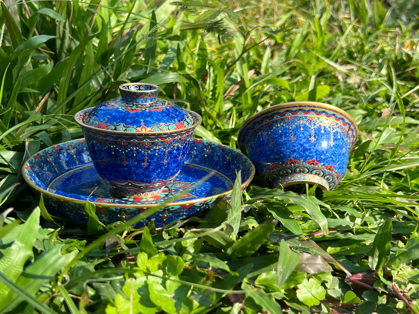 Handcrafted Chinese Hand Painted Chinese Salan Sprinkled Blue Glazed Gaiwan Jingdezhen Mster Ceramic Artwork