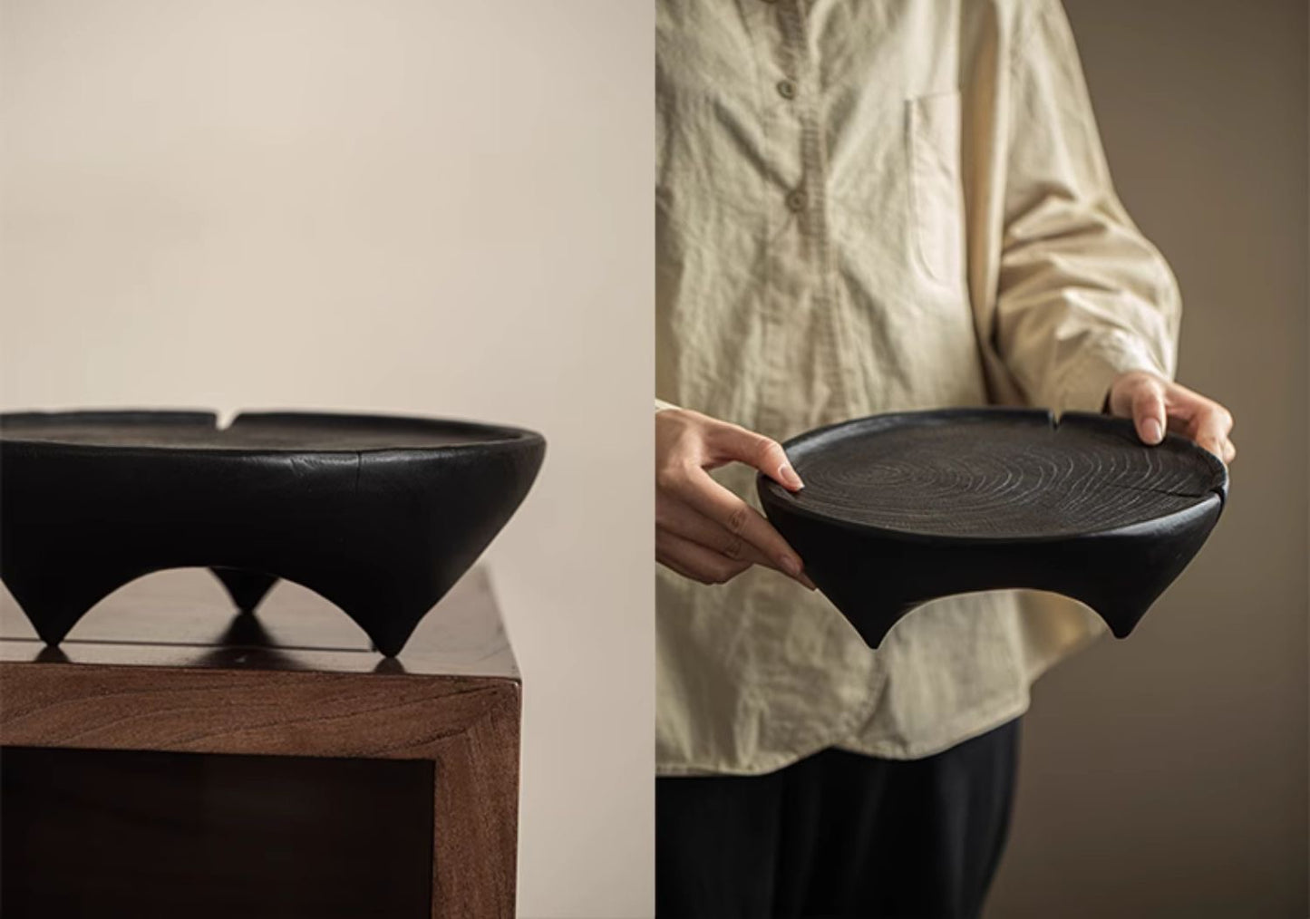 Japanese-Style Solid Camphor Wood Tea Table Handcrafted Original Round Black Wood Tea Boat Tea Tray