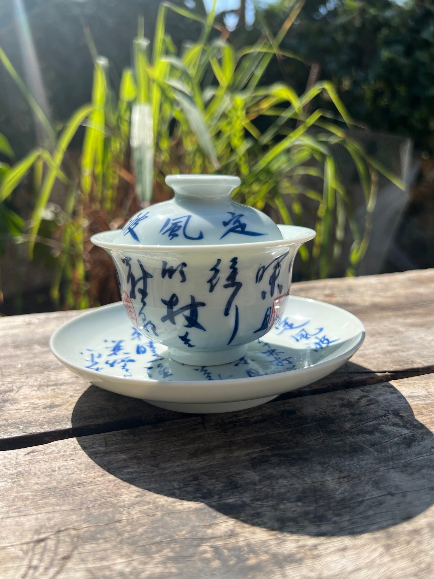 Handcrafted Jingdezhen Teacup Chinese Gaiwan Set Calligraphy White Blue Porcelain Fine China Cup