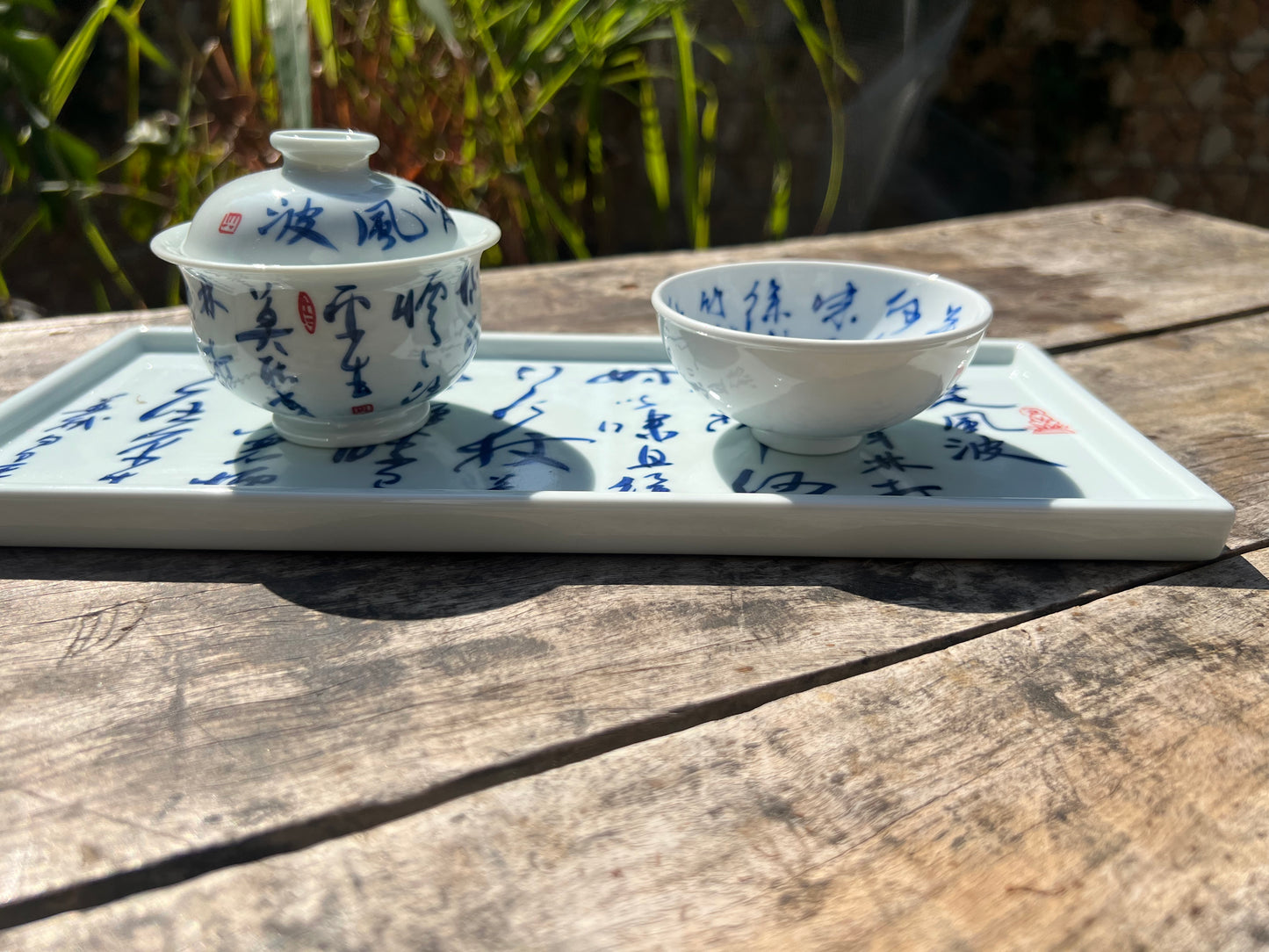 Handcrafted Jingdezhen Teacup Chinese Gaiwan Set Calligraphy White Blue Porcelain Fine China Cup
