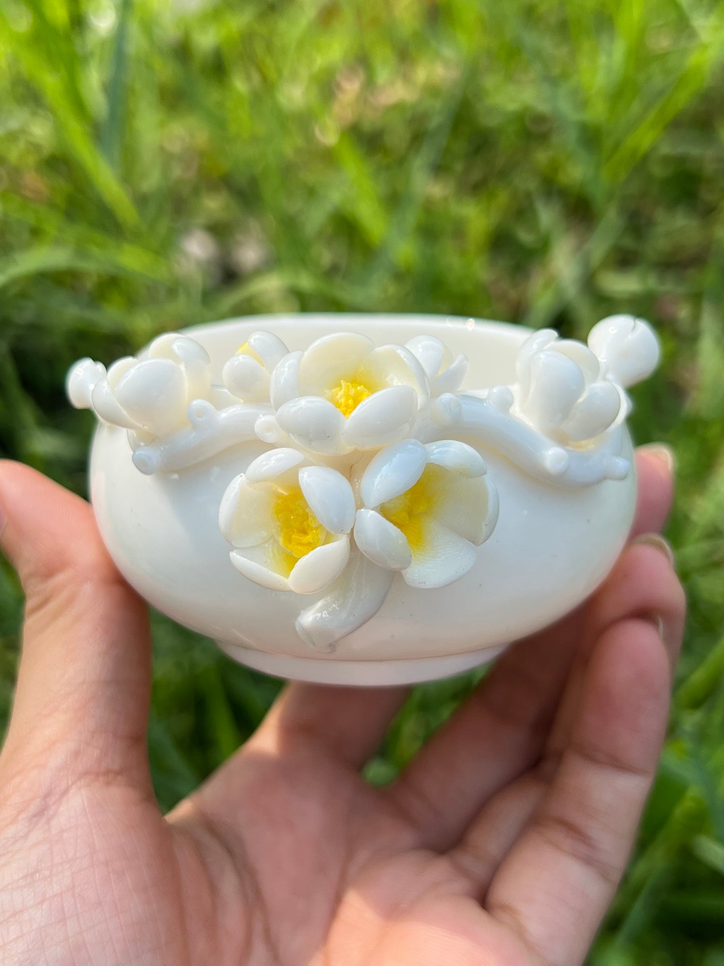 Handcrafted Chinese Yazhiyu Mutton Fat Jade Clay Blue Yellow Plum Flower Teacup