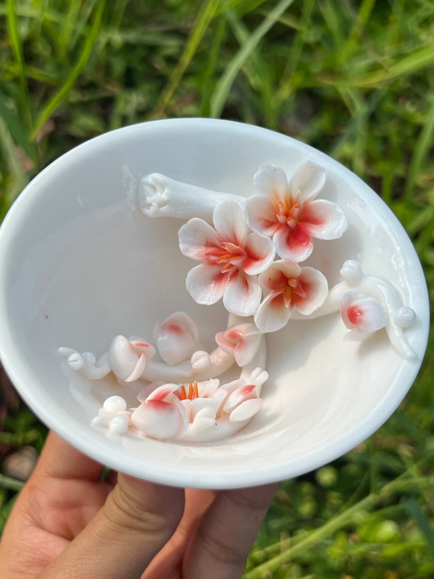 Handcrafted Chinese Yazhiyu Mutton Fat Jade Clay Orange Pink Flower Douli Teacup