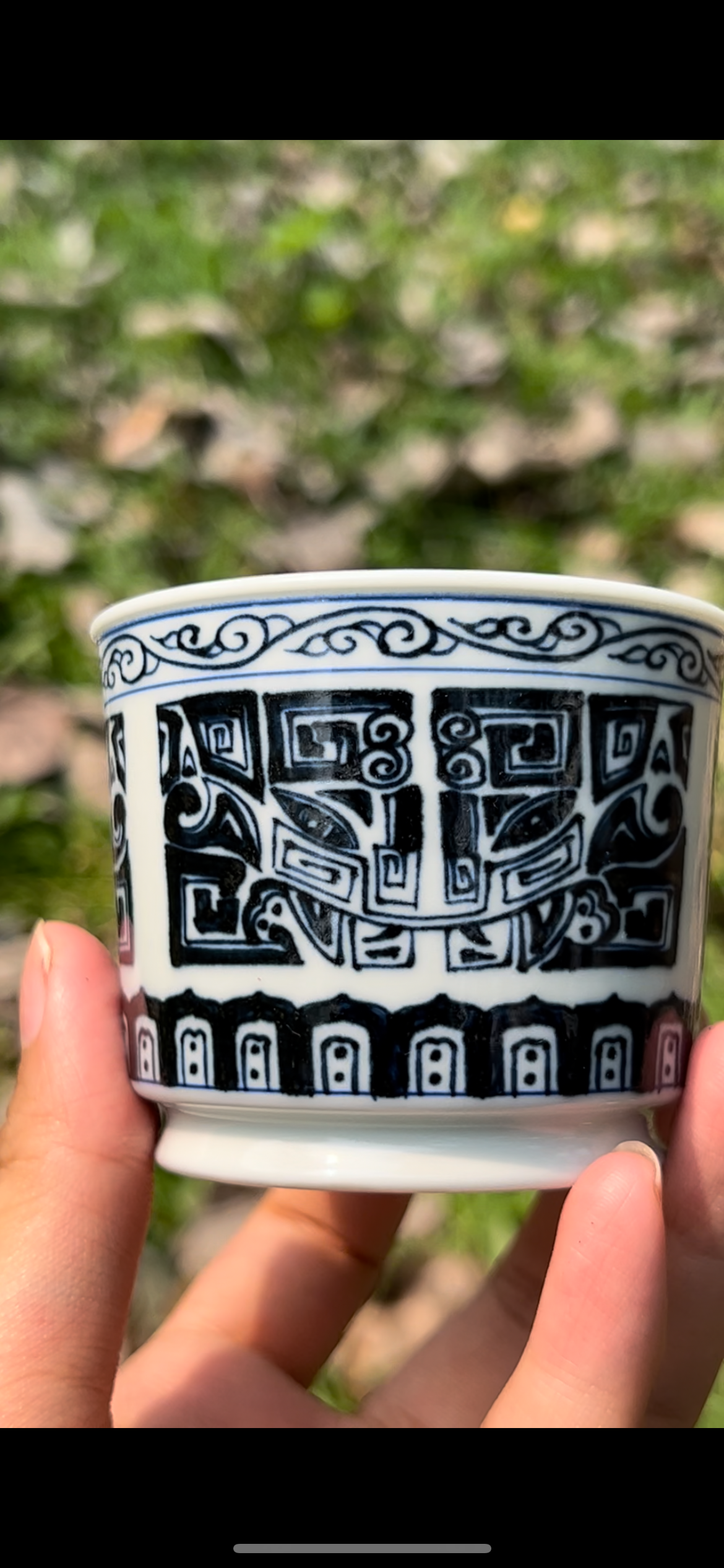 Handpainted Chinese Blue and White Qinghuaci Taotie Pattern Tea Set Gaiwan Teacup Tray