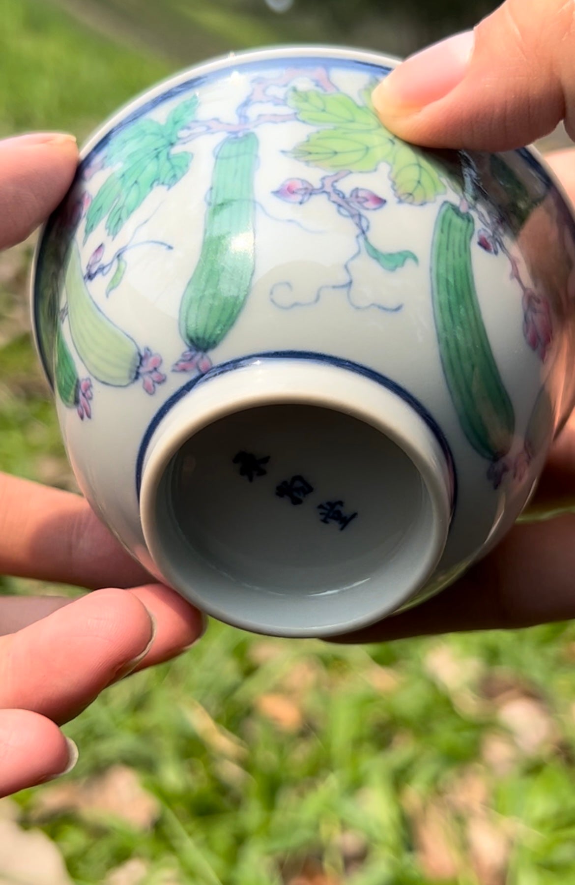 Handpainted Luffa Pattern Chinese Jingdezhen Doucai Master Fine China Gaiwan Teacup Set