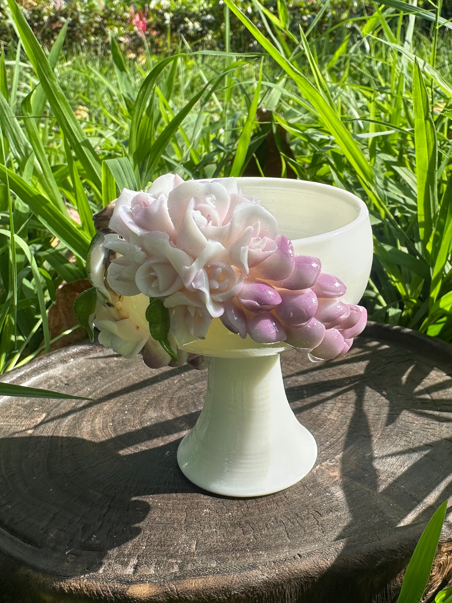 Handcrafted Chinese Yazhiyu Mutton Fat Jade Clay Purple Wisteria Flower High Feet Teacup