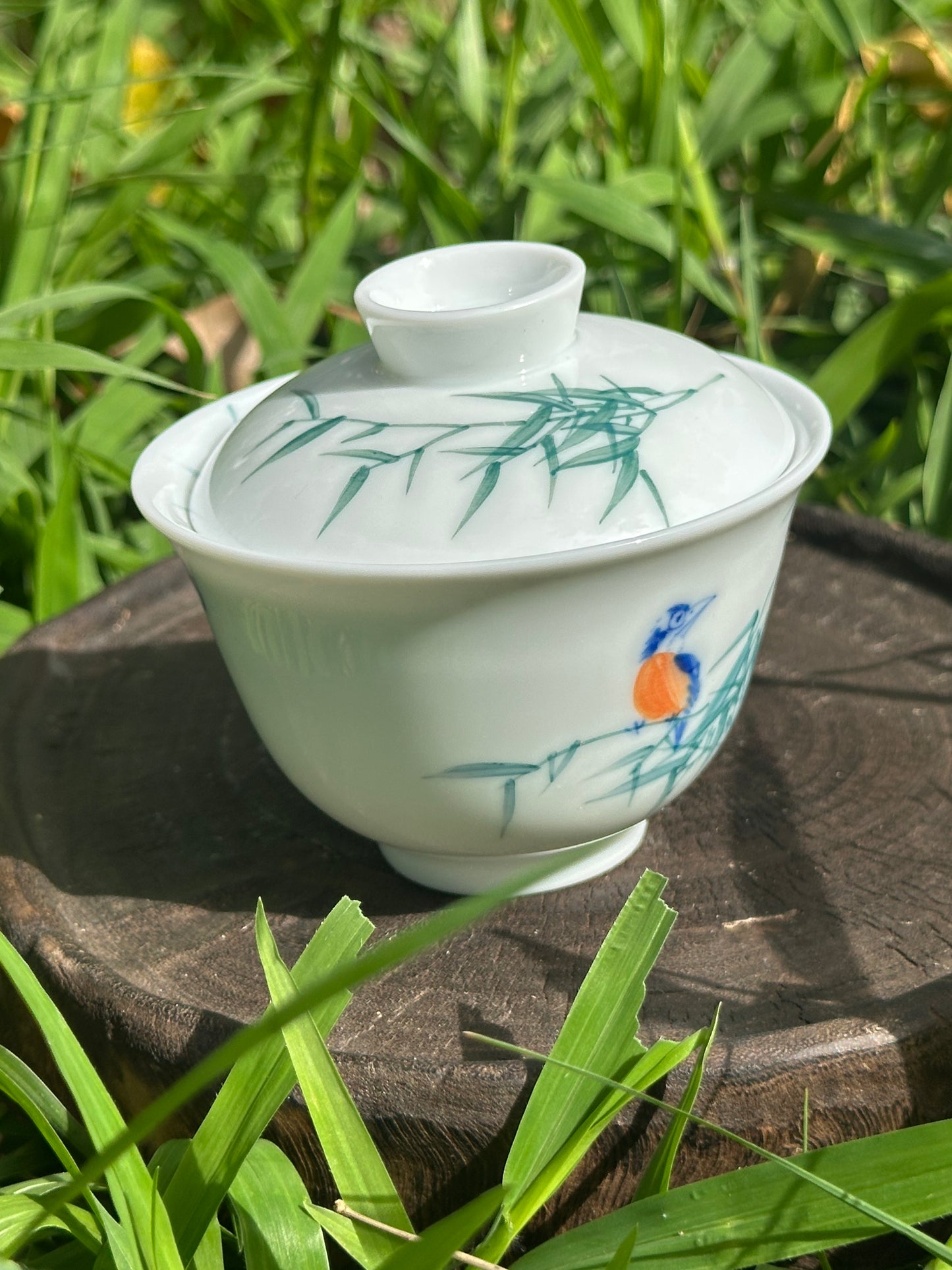 Handpainted Chinese Freehand Brush Work Bird and Bamboo Pattern Teapot Gaiwan Set