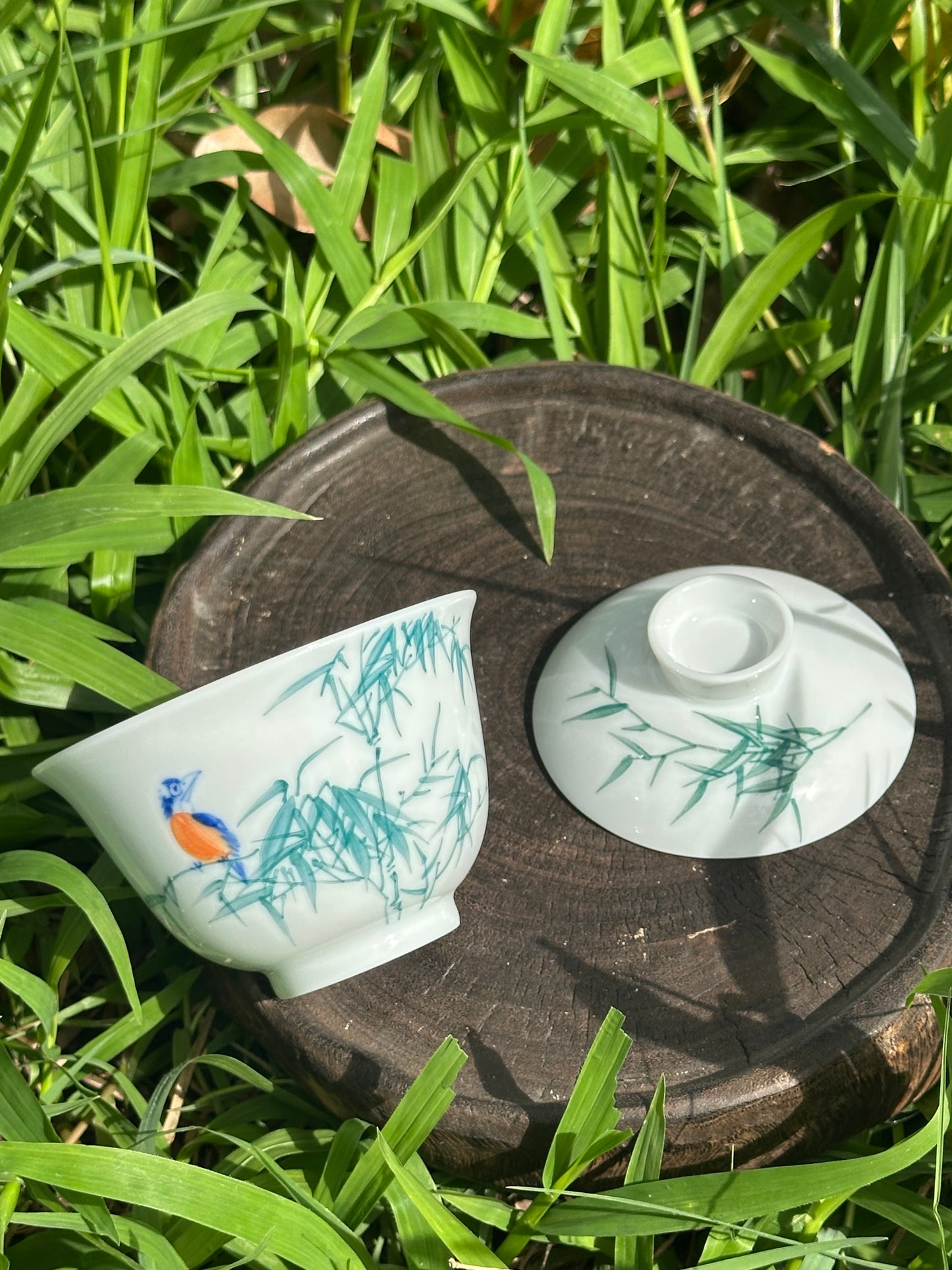 Handpainted Chinese Freehand Brush Work Bird and Bamboo Pattern Teapot Gaiwan Set