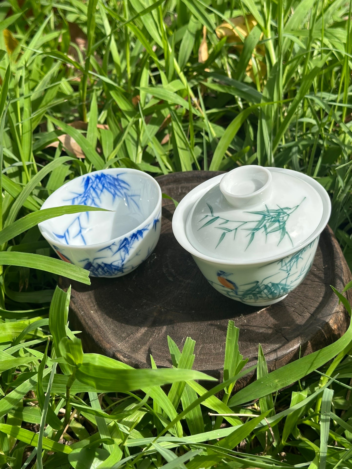 Handpainted Chinese Freehand Brush Work Bird and Bamboo Pattern Teapot Gaiwan Set