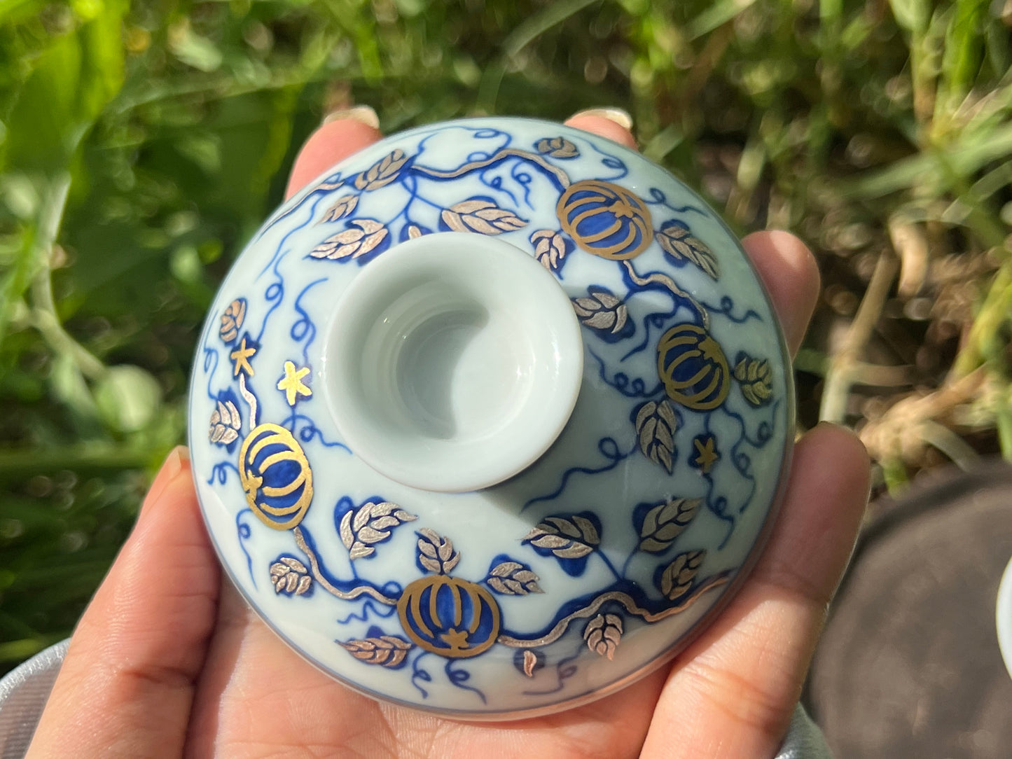 Hand Painted Gold Silver Watermelon Pattern Blue and White Porcelain Gaiwan Teapot Set