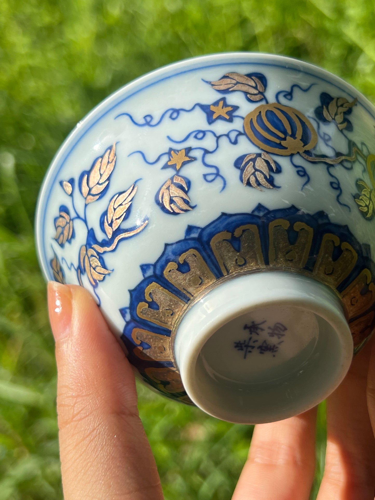 Hand Painted Gold Silver Watermelon Pattern Blue and White Porcelain Gaiwan Teapot Set