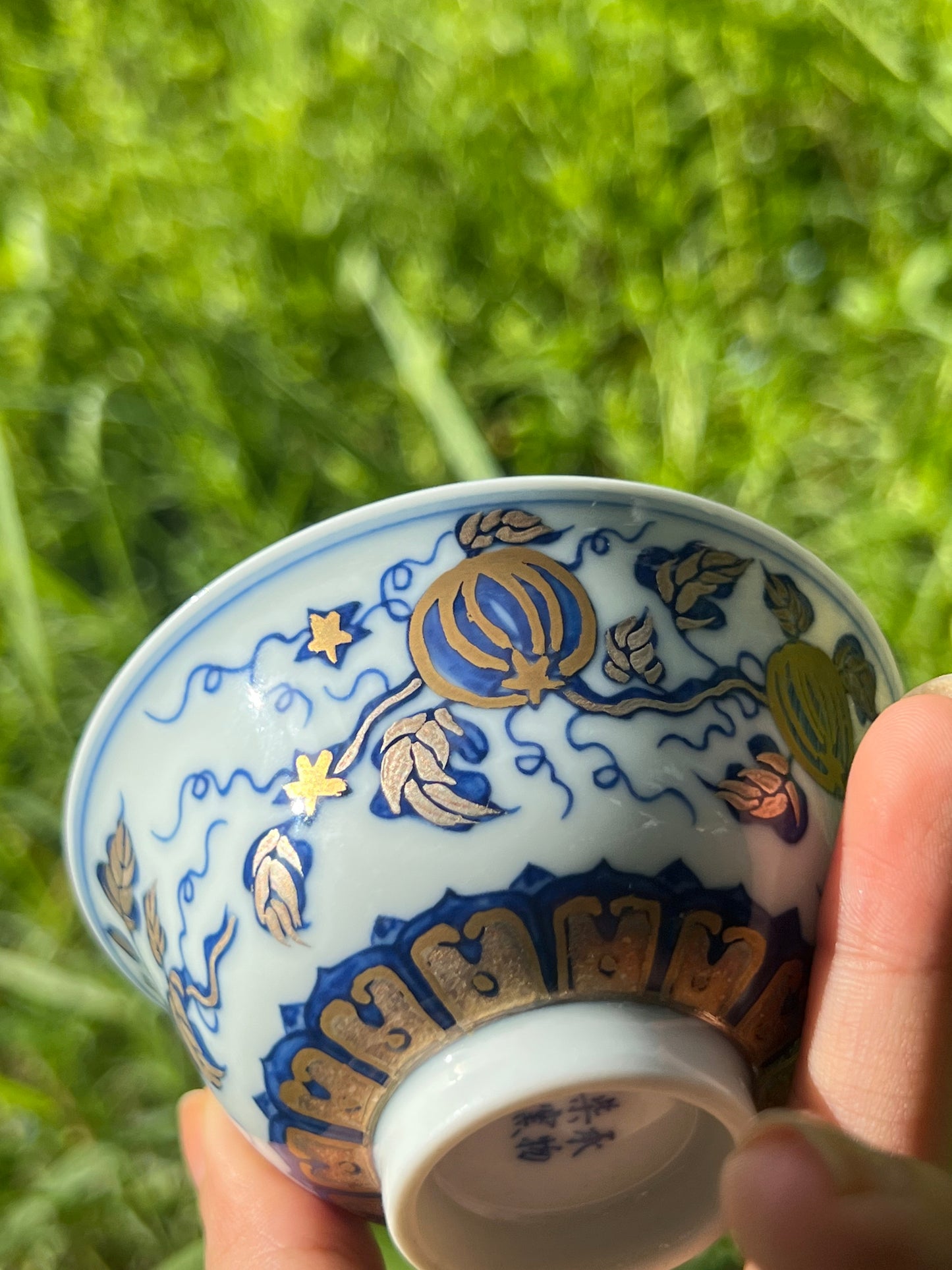 Hand Painted Gold Silver Watermelon Pattern Blue and White Porcelain Gaiwan Teapot Set