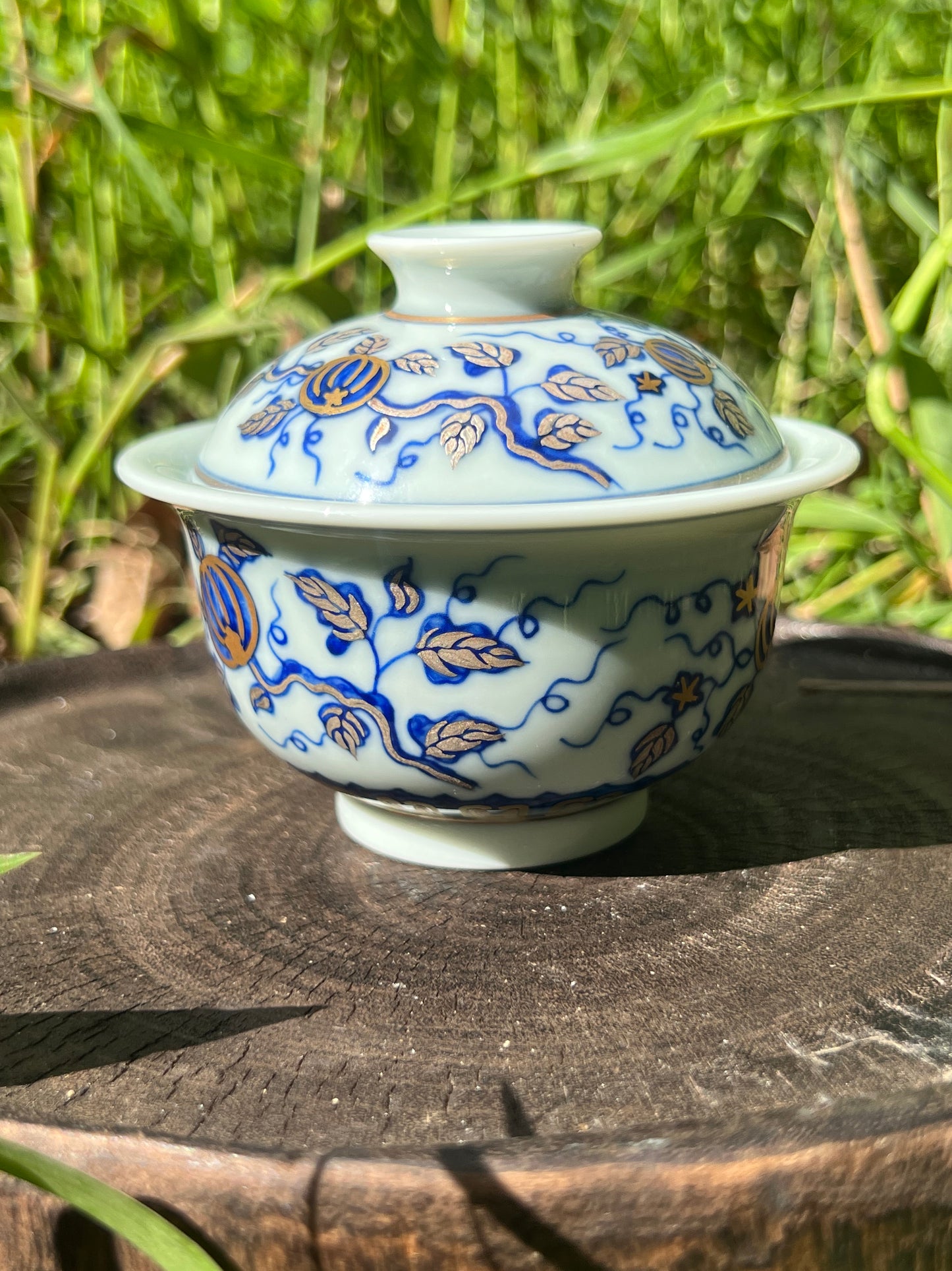 Hand Painted Gold Silver Watermelon Pattern Blue and White Porcelain Gaiwan Teapot Set