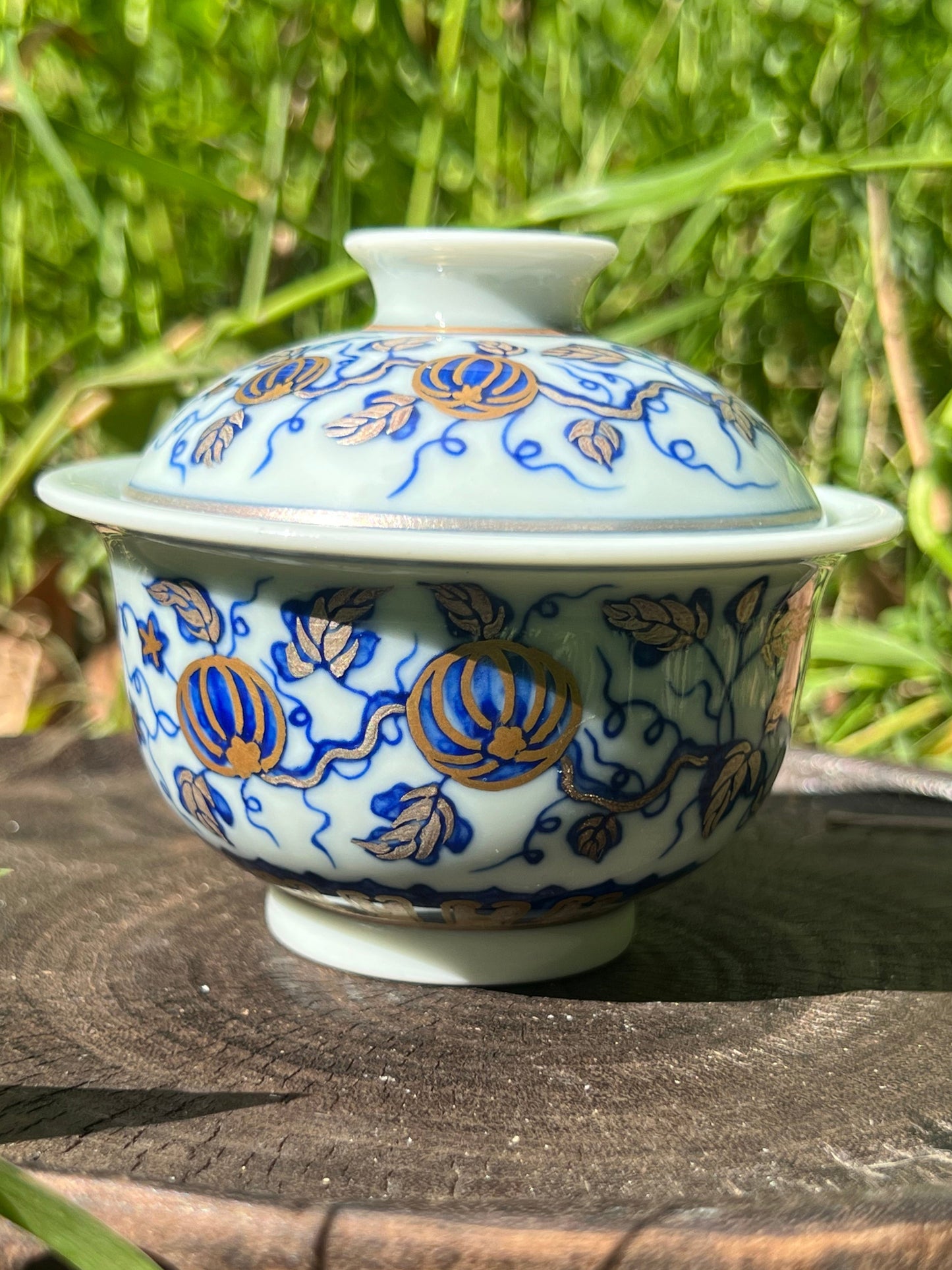 Hand Painted Gold Silver Watermelon Pattern Blue and White Porcelain Gaiwan Teapot Set