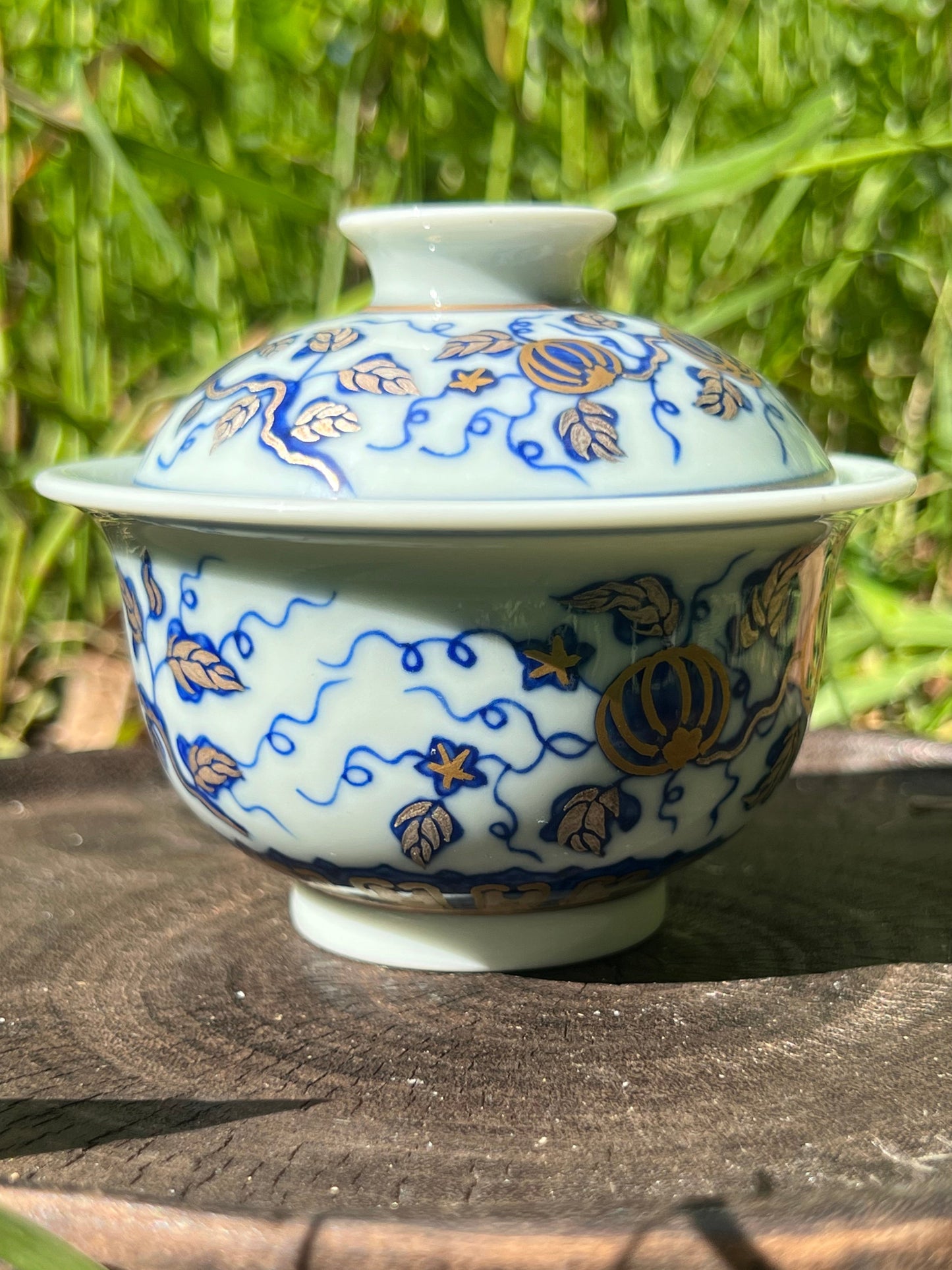 Hand Painted Gold Silver Watermelon Pattern Blue and White Porcelain Gaiwan Teapot Set
