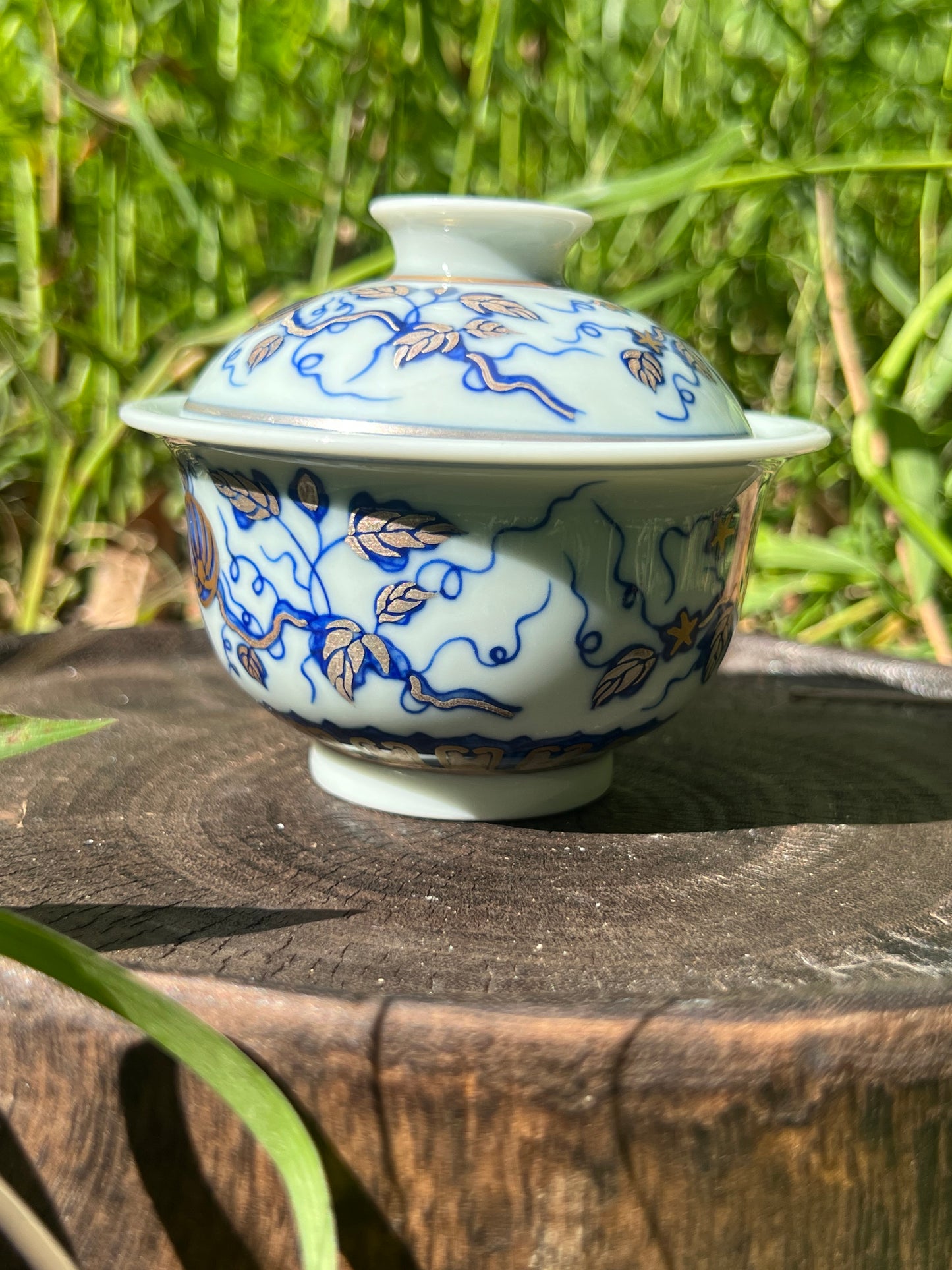 Hand Painted Gold Silver Watermelon Pattern Blue and White Porcelain Gaiwan Teapot Set