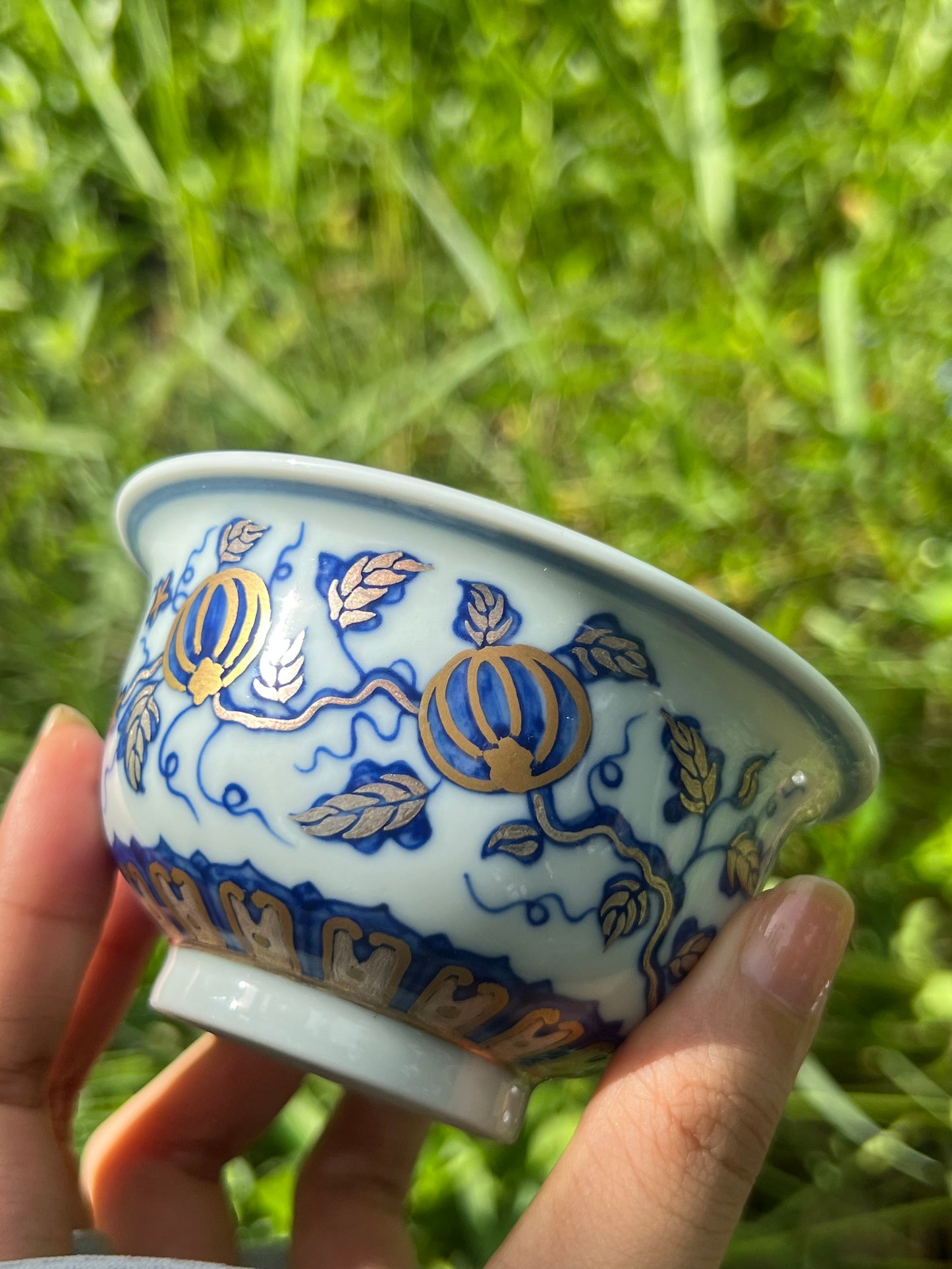 Hand Painted Gold Silver Watermelon Pattern Blue and White Porcelain Gaiwan Teapot Set