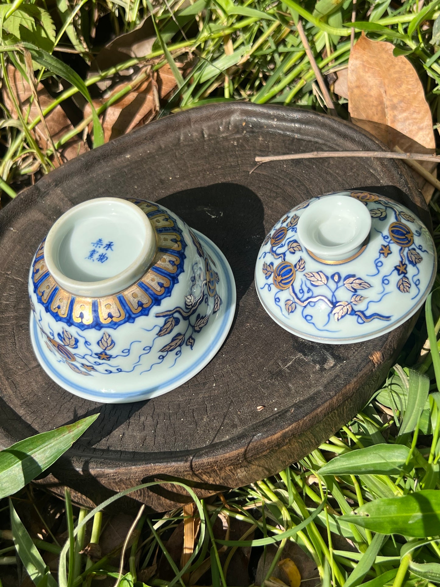 Hand Painted Gold Silver Watermelon Pattern Blue and White Porcelain Gaiwan Teapot Set
