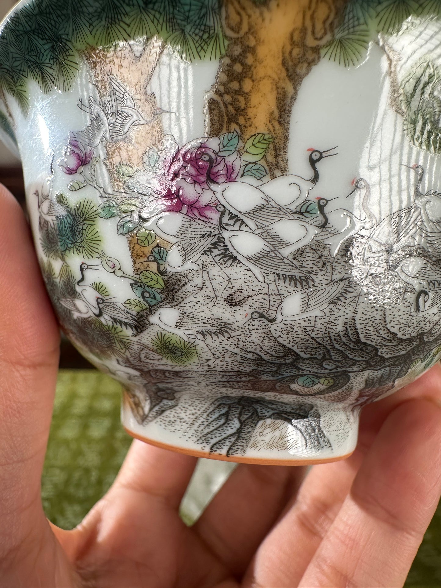 Handpainted Chinese Traditional Hundred Auspicious Cranes Enamel Falangcai High Class Ceramic Teacup