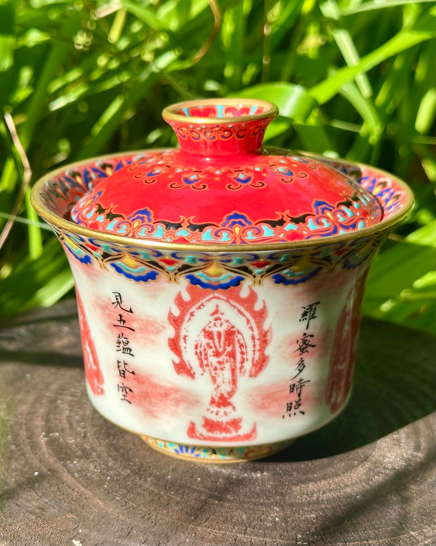 Chinese Red Enameled Hand Painted Porcelain Imitating Tapian Traditional Rubbing Bouddha Calligraphy Masterpiece Gaiwan Tea Tray Set