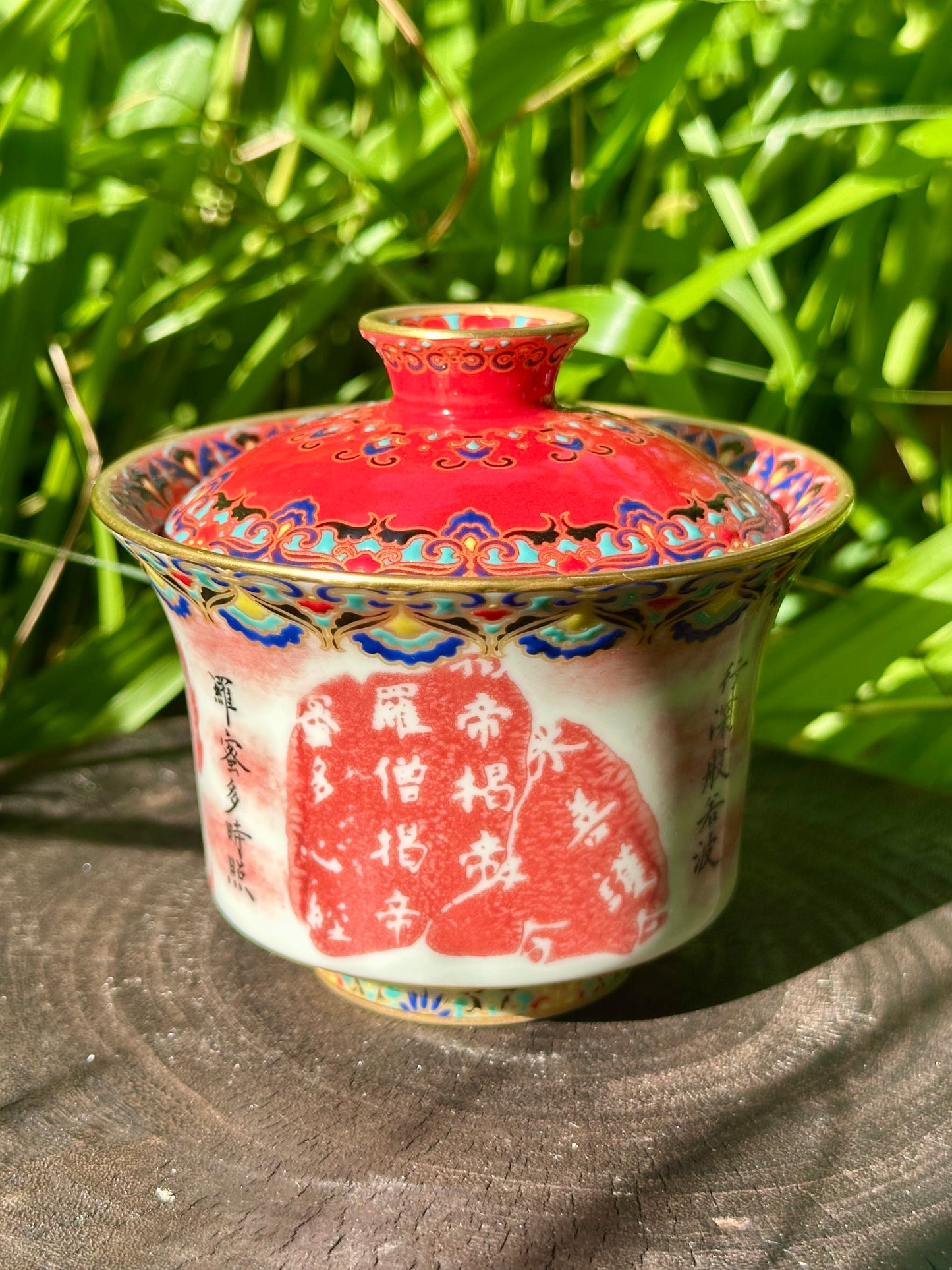 Chinese Red Enameled Hand Painted Porcelain Imitating Tapian Traditional Rubbing Bouddha Calligraphy Masterpiece Gaiwan Tea Tray Set