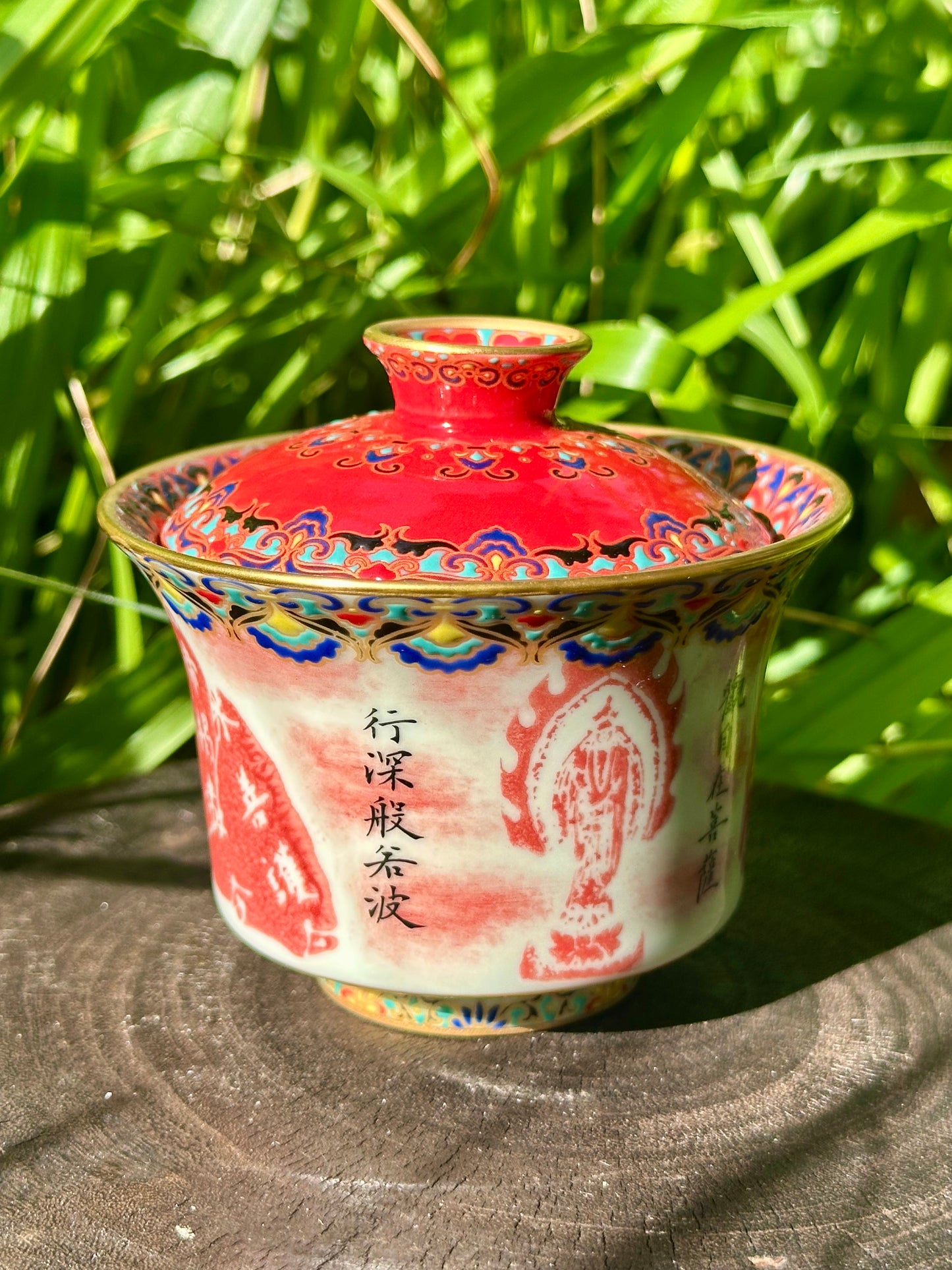 Chinese Red Enameled Hand Painted Porcelain Imitating Tapian Traditional Rubbing Bouddha Calligraphy Masterpiece Gaiwan Tea Tray Set