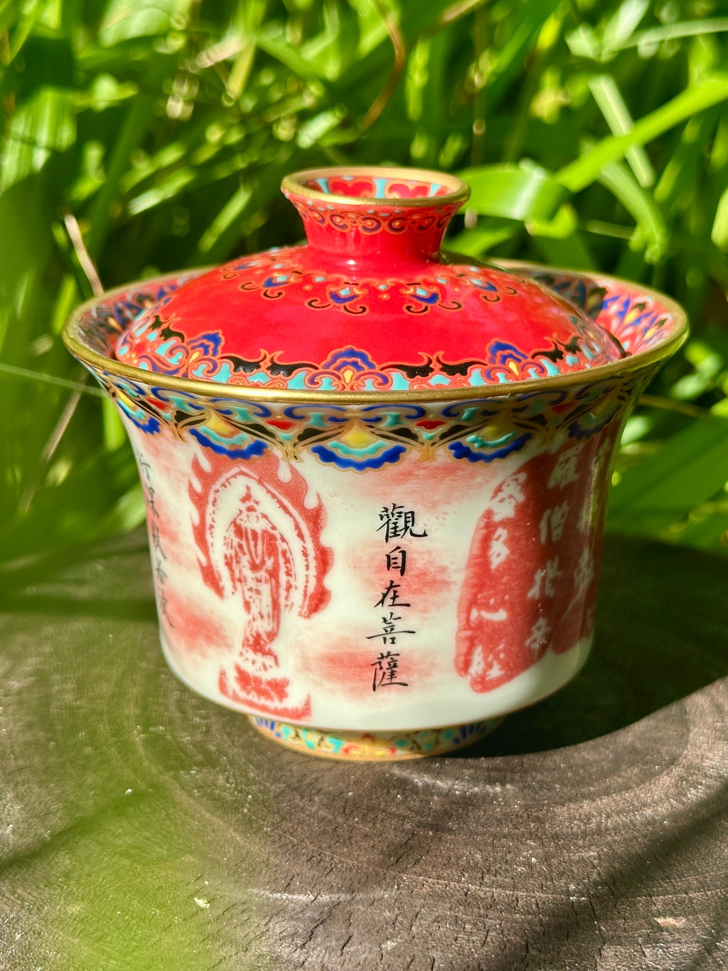 Chinese Red Enameled Hand Painted Porcelain Imitating Tapian Traditional Rubbing Bouddha Calligraphy Masterpiece Gaiwan Tea Tray Set
