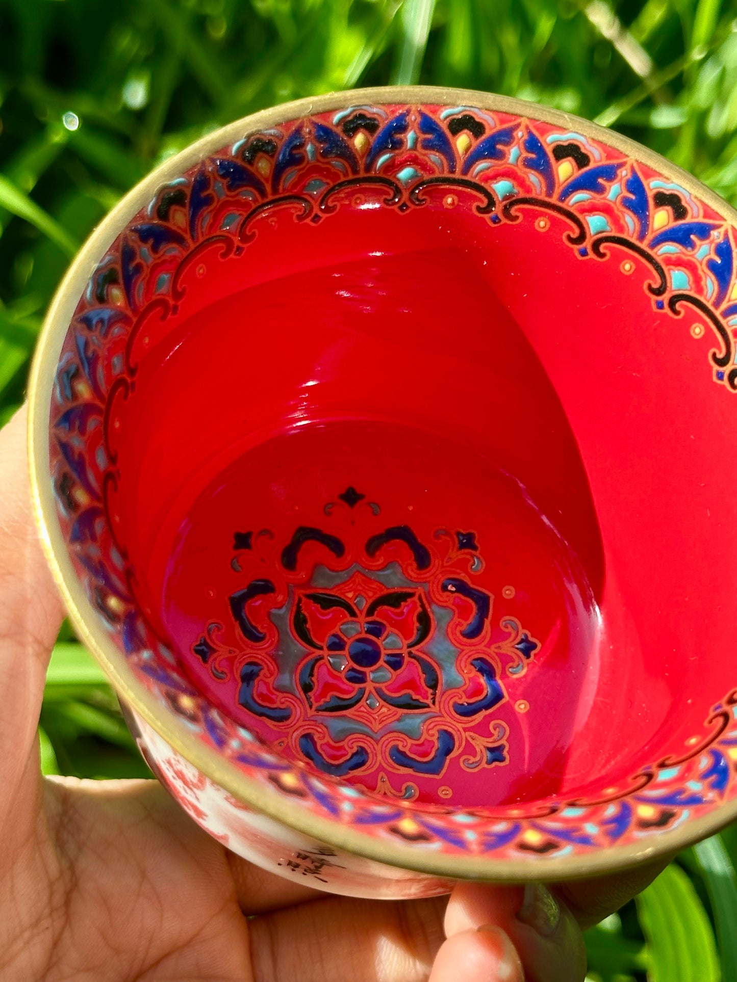 Chinese Red Enameled Hand Painted Porcelain Imitating Tapian Traditional Rubbing Bouddha Calligraphy Masterpiece Gaiwan Tea Tray Set