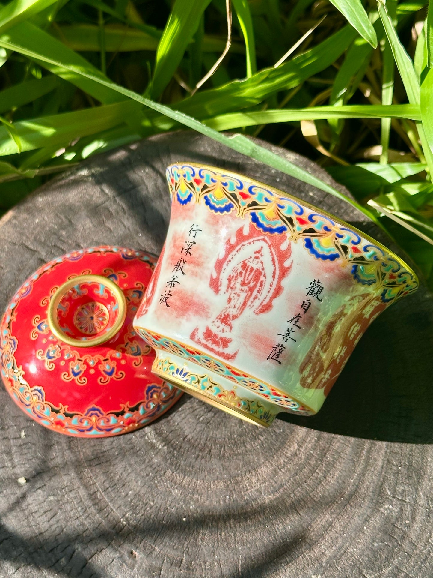 Chinese Red Enameled Hand Painted Porcelain Imitating Tapian Traditional Rubbing Bouddha Calligraphy Masterpiece Gaiwan Tea Tray Set