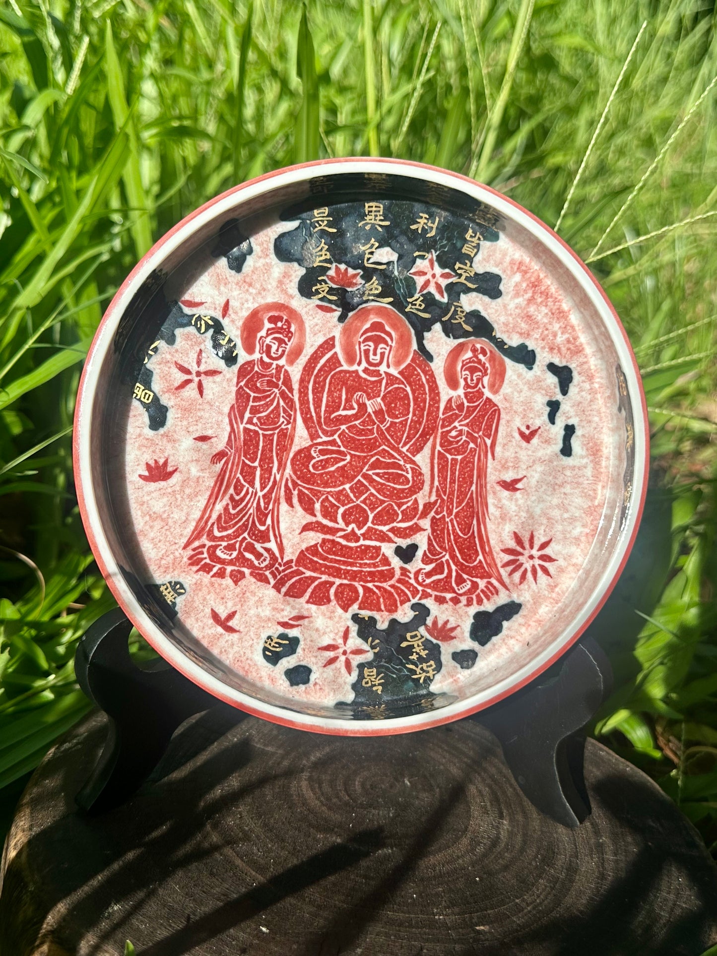 Chinese Red Enameled Hand Painted Porcelain Imitating Tapian Traditional Rubbing Bouddha Calligraphy Masterpiece Gaiwan Tea Tray Set