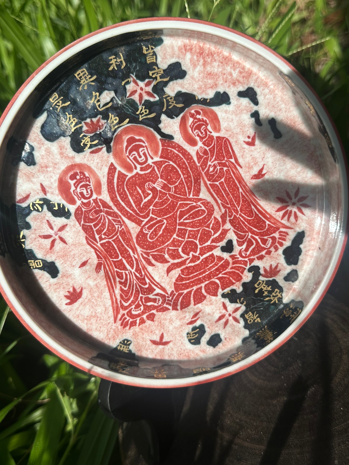 Chinese Red Enameled Hand Painted Porcelain Imitating Tapian Traditional Rubbing Bouddha Calligraphy Masterpiece Gaiwan Tea Tray Set