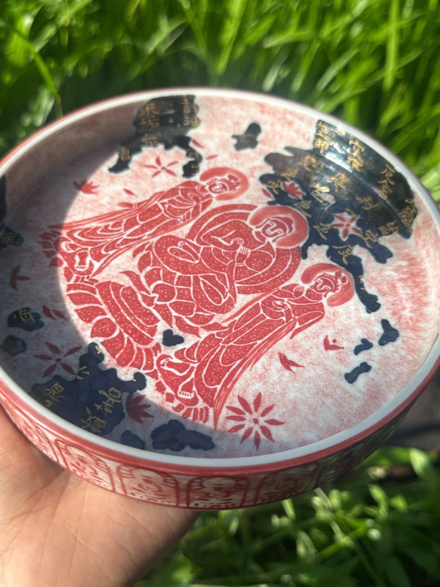 Chinese Red Enameled Hand Painted Porcelain Imitating Tapian Traditional Rubbing Bouddha Calligraphy Masterpiece Gaiwan Tea Tray Set