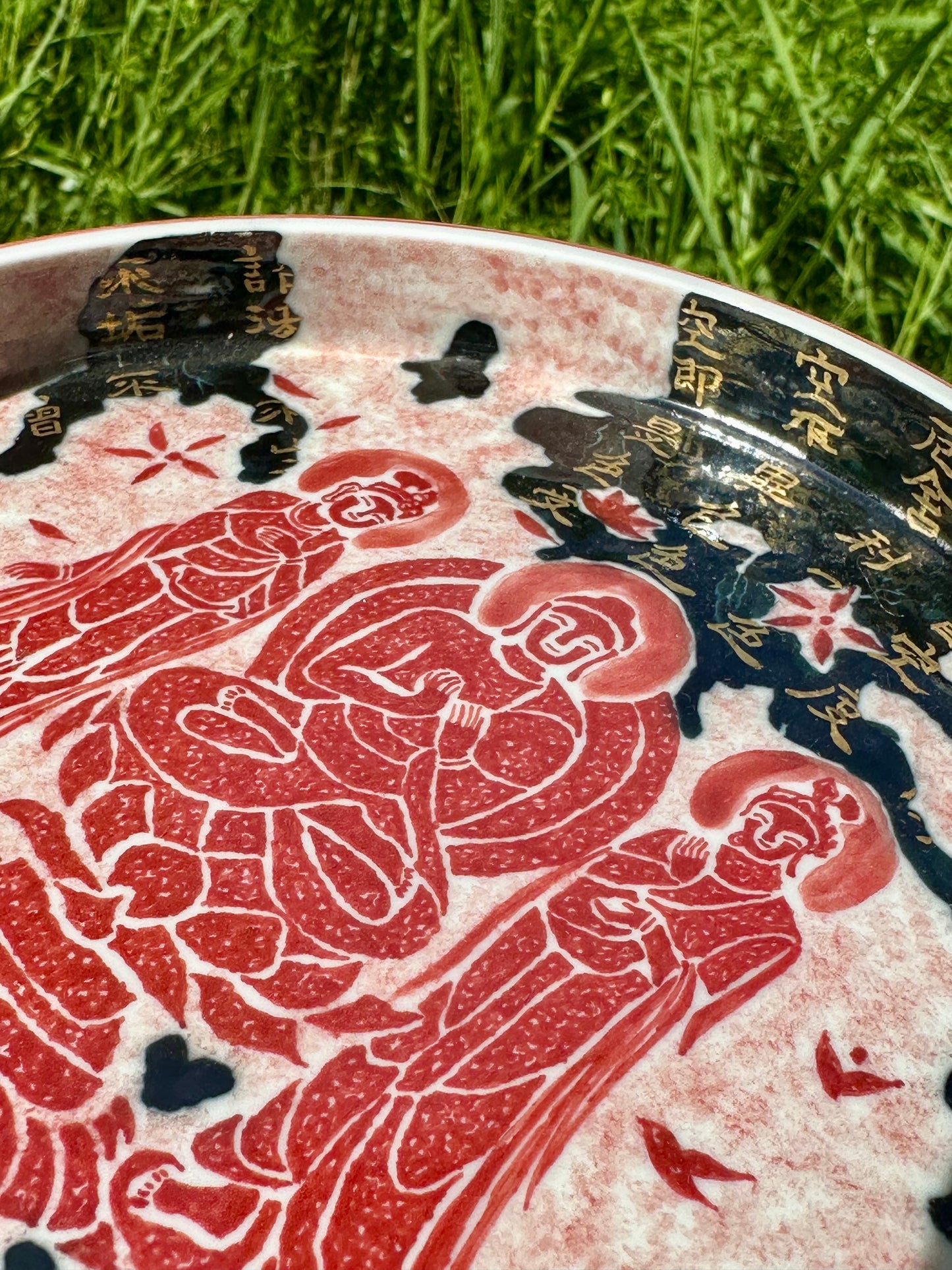 Chinese Red Enameled Hand Painted Porcelain Imitating Tapian Traditional Rubbing Bouddha Calligraphy Masterpiece Gaiwan Tea Tray Set