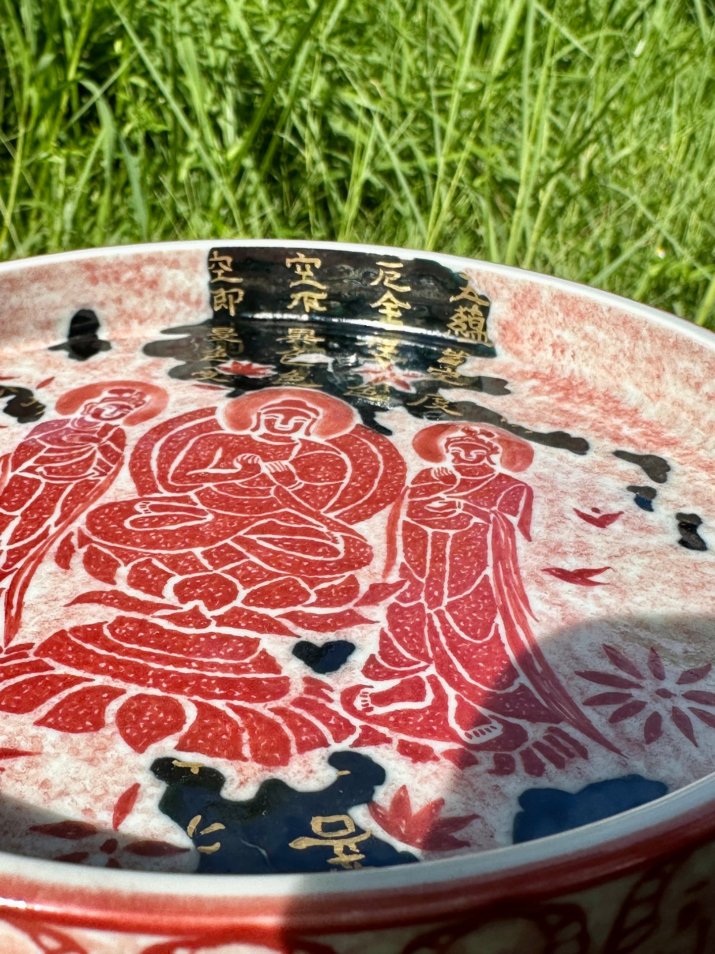 Chinese Red Enameled Hand Painted Porcelain Imitating Tapian Traditional Rubbing Bouddha Calligraphy Masterpiece Gaiwan Tea Tray Set