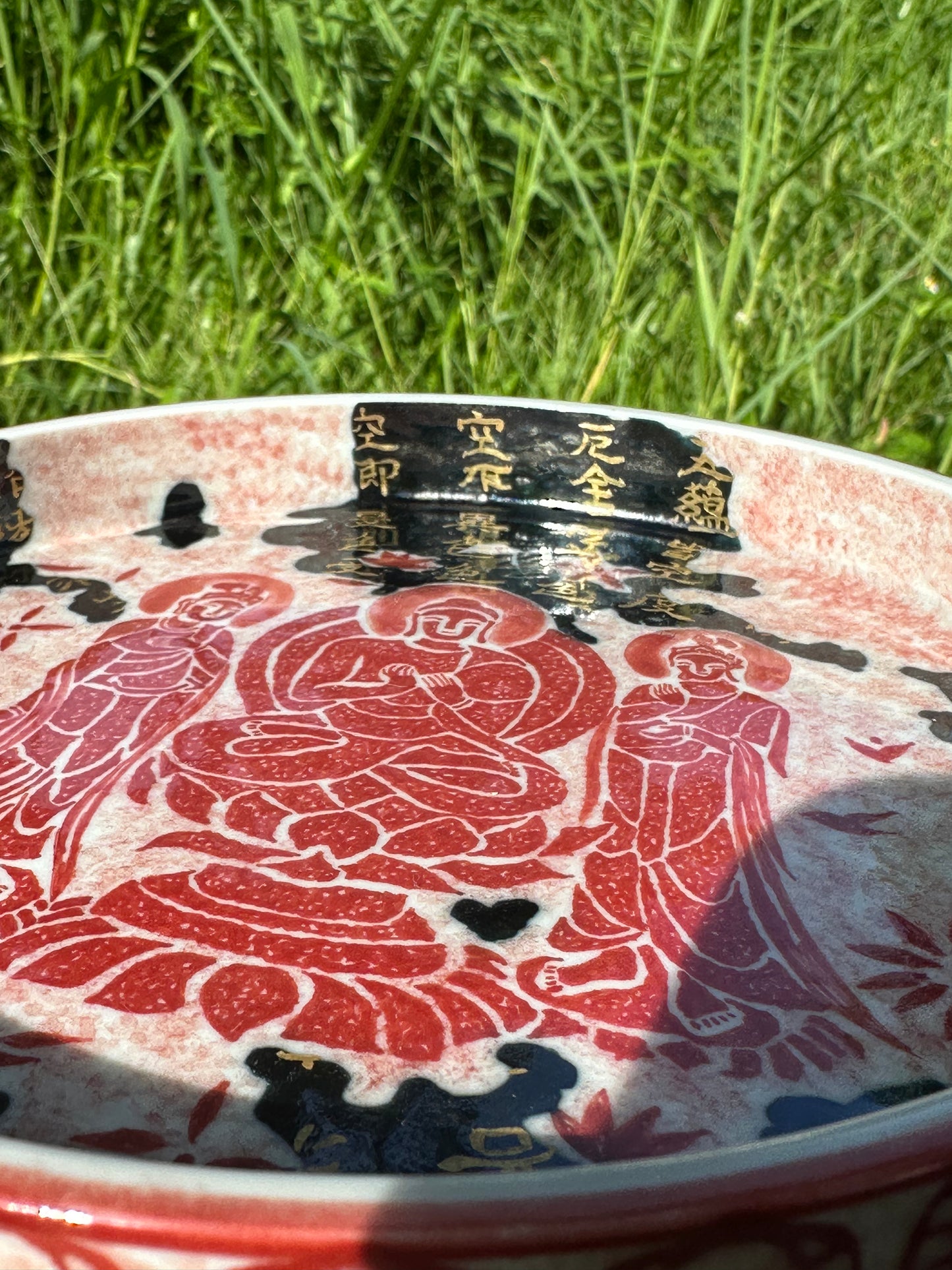 Chinese Red Enameled Hand Painted Porcelain Imitating Tapian Traditional Rubbing Bouddha Calligraphy Masterpiece Gaiwan Tea Tray Set