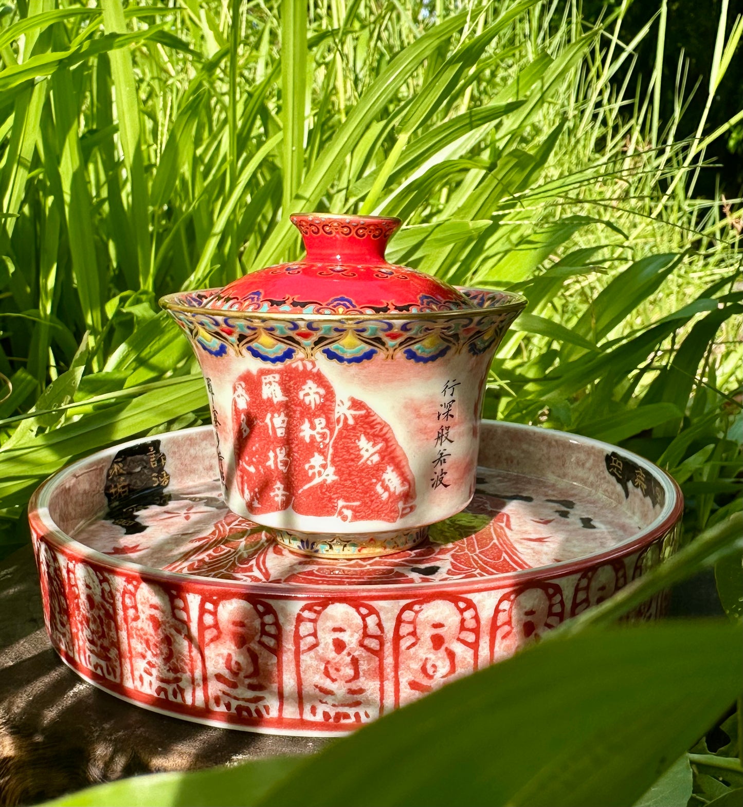 Chinese Red Enameled Hand Painted Porcelain Imitating Tapian Traditional Rubbing Bouddha Calligraphy Masterpiece Gaiwan Tea Tray Set