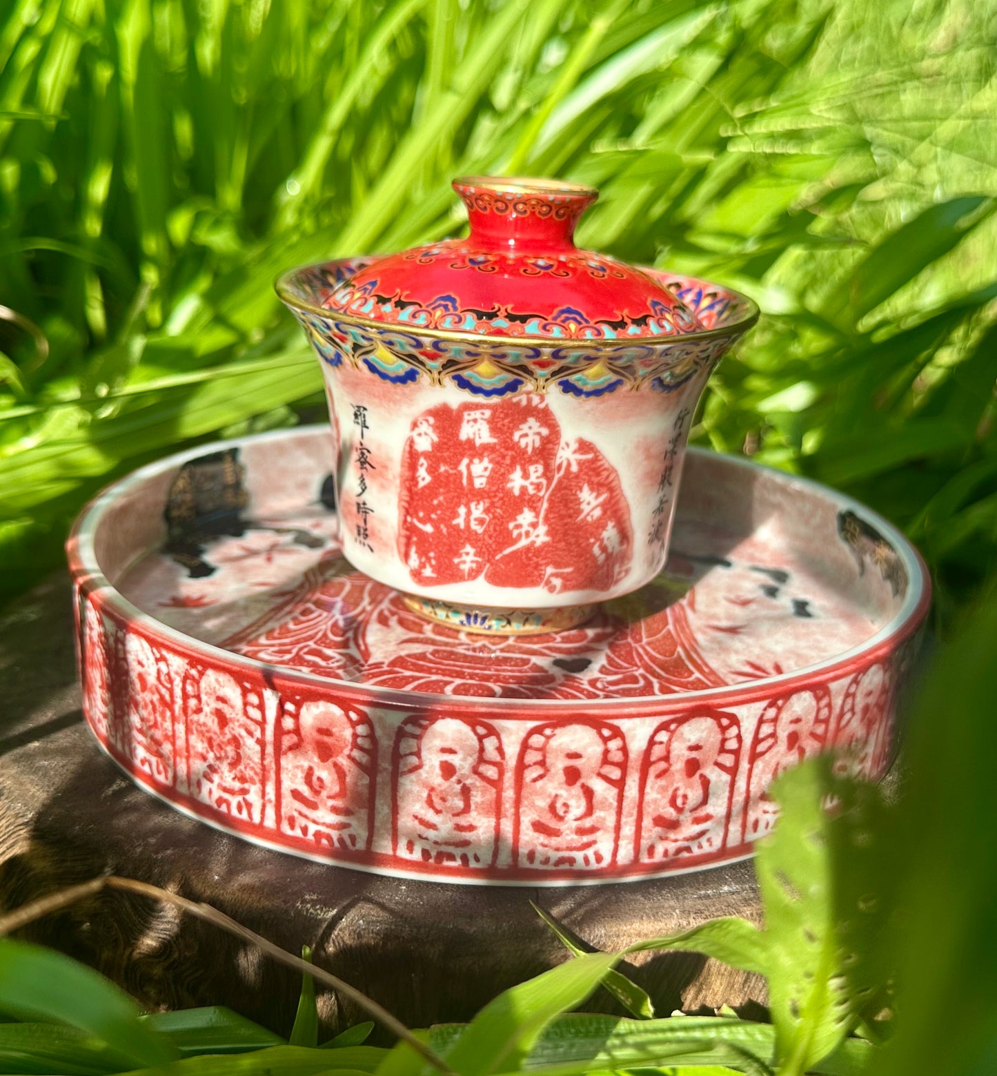 Chinese Red Enameled Hand Painted Porcelain Imitating Tapian Traditional Rubbing Bouddha Calligraphy Masterpiece Gaiwan Tea Tray Set