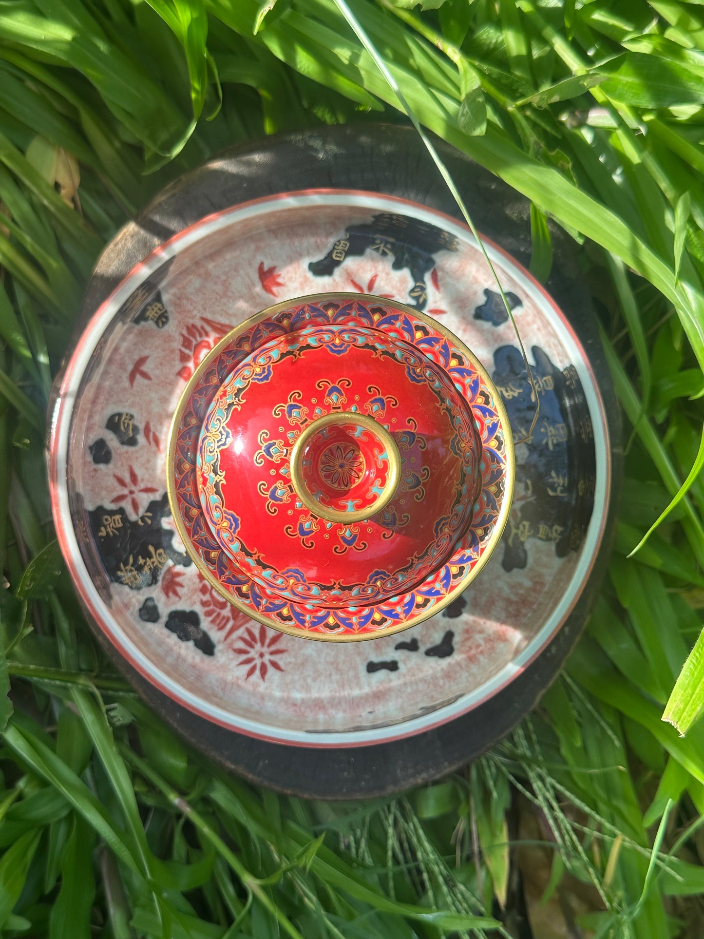 Chinese Red Enameled Hand Painted Porcelain Imitating Tapian Traditional Rubbing Bouddha Calligraphy Masterpiece Gaiwan Tea Tray Set