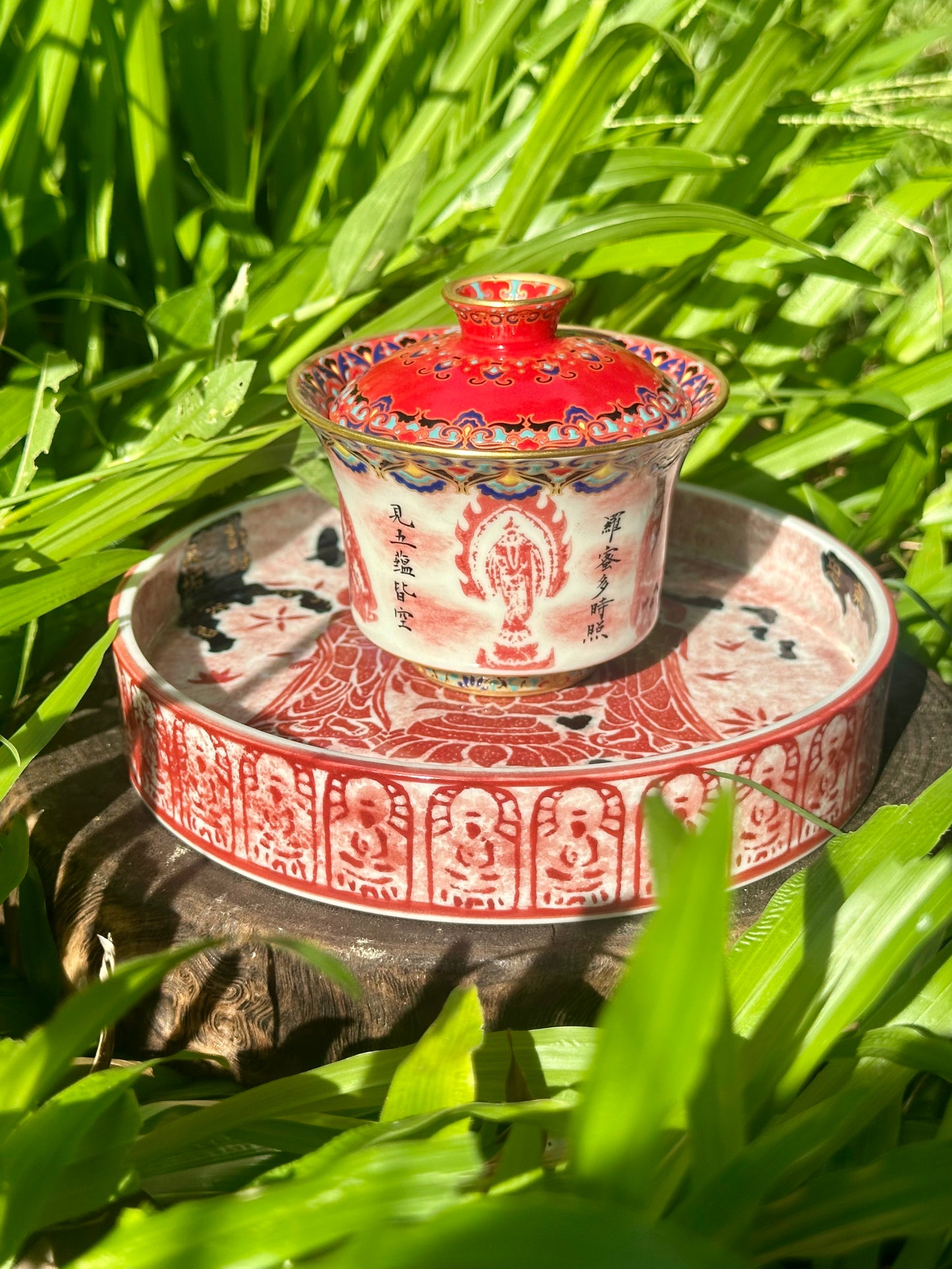 Chinese Red Enameled Hand Painted Porcelain Imitating Tapian Traditional Rubbing Bouddha Calligraphy Masterpiece Gaiwan Tea Tray Set