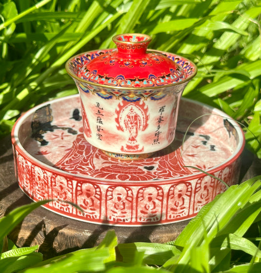 Chinese Red Enameled Hand Painted Porcelain Imitating Tapian Traditional Rubbing Bouddha Calligraphy Masterpiece Gaiwan Tea Tray Set