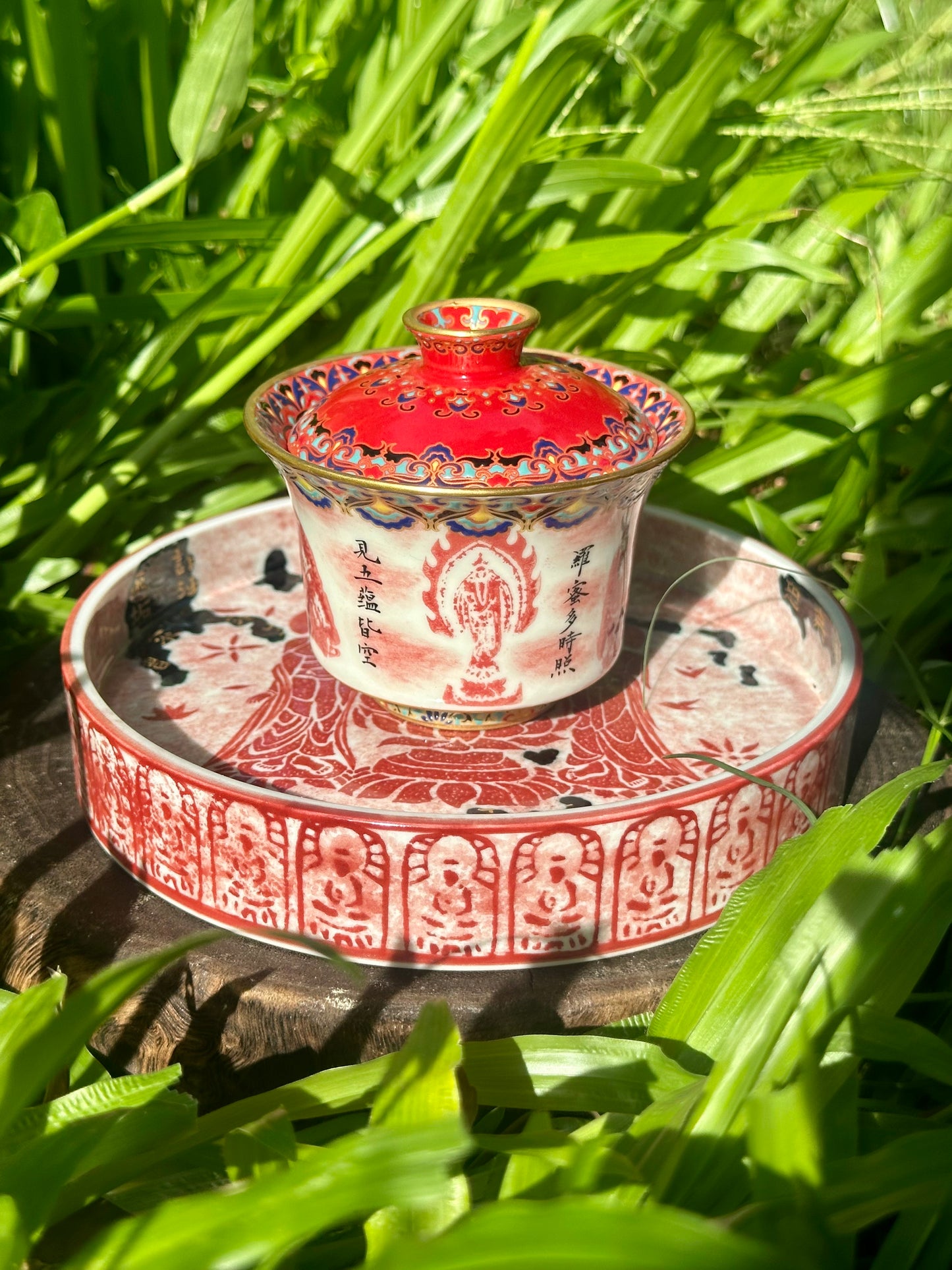 Chinese Red Enameled Hand Painted Porcelain Imitating Tapian Traditional Rubbing Bouddha Calligraphy Masterpiece Gaiwan Tea Tray Set