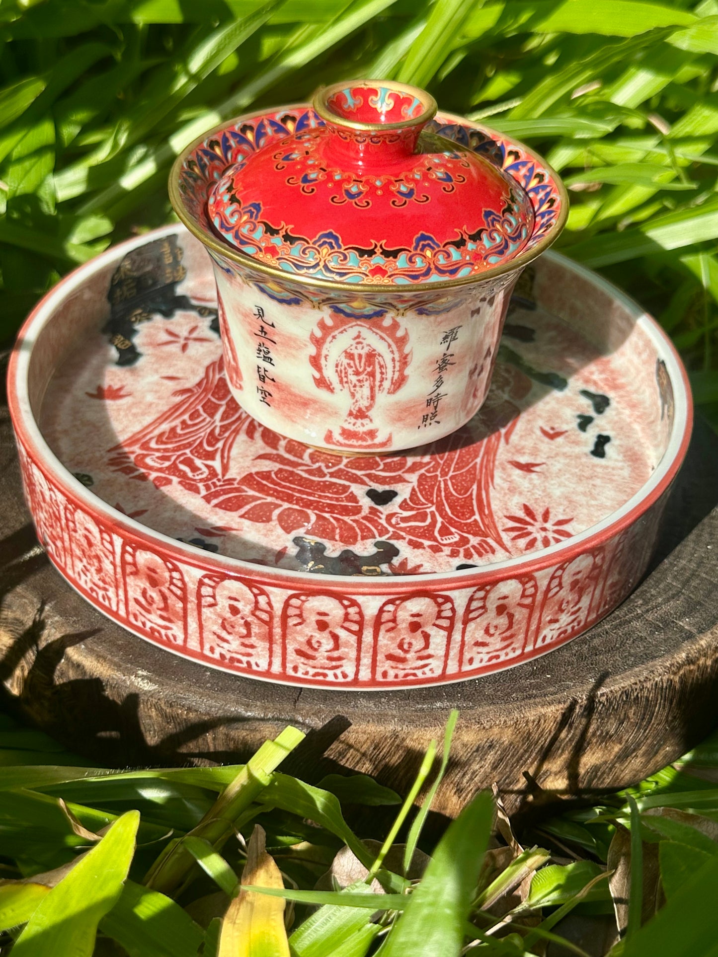 Chinese Red Enameled Hand Painted Porcelain Imitating Tapian Traditional Rubbing Bouddha Calligraphy Masterpiece Gaiwan Tea Tray Set