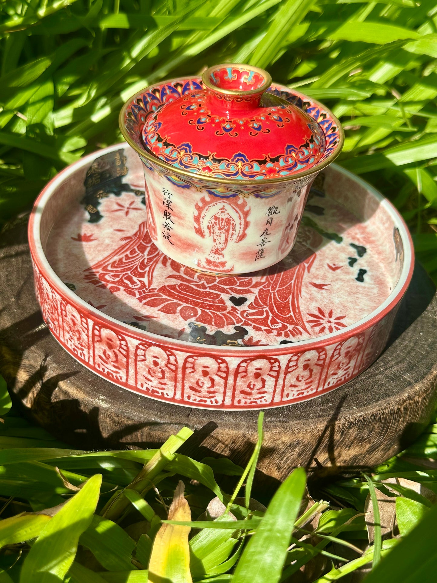 Chinese Red Enameled Hand Painted Porcelain Imitating Tapian Traditional Rubbing Bouddha Calligraphy Masterpiece Gaiwan Tea Tray Set