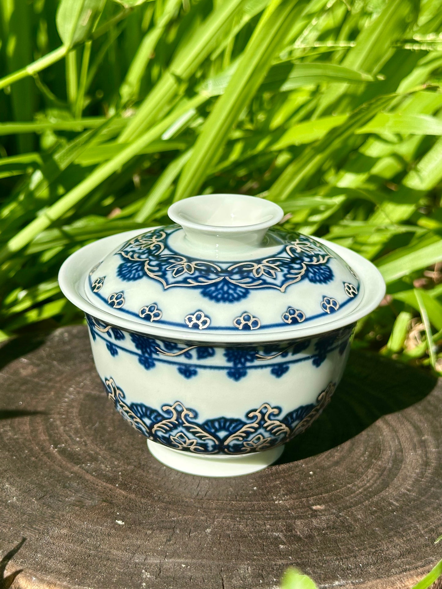 Handpainted Silver Decorative Blue White Porcelain Mandala Flower Gaiwan Tea Tray High Class Set