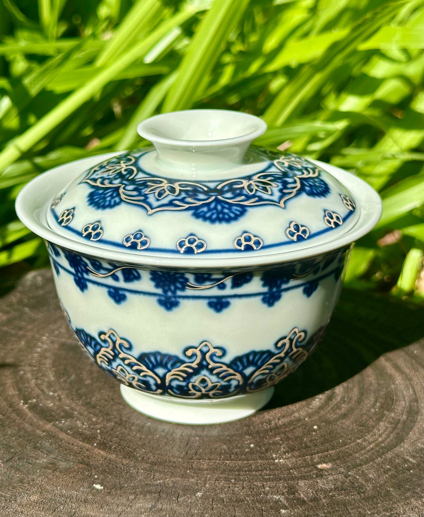 Handpainted Silver Decorative Blue White Porcelain Mandala Flower Gaiwan Tea Tray High Class Set