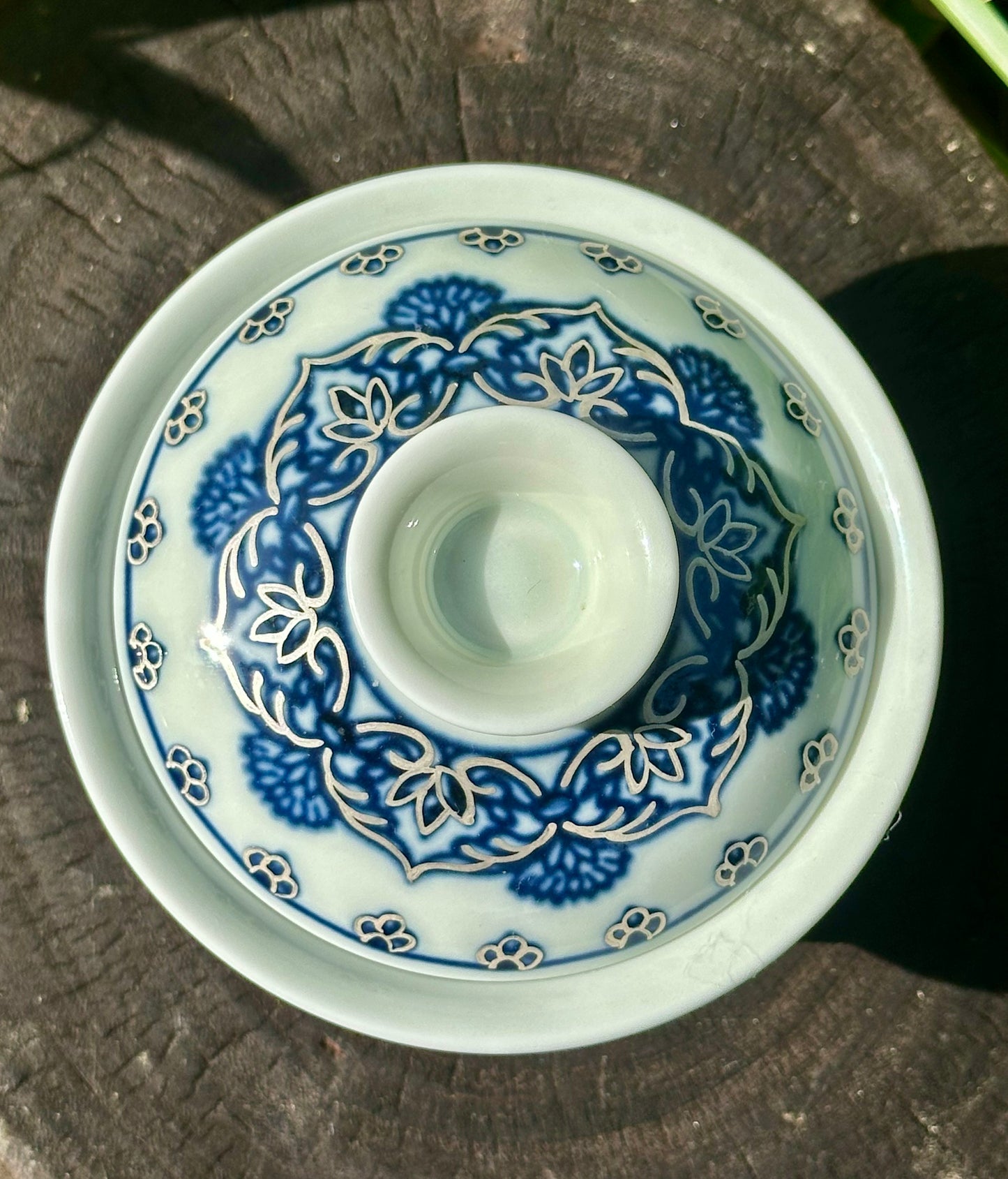 Handpainted Silver Decorative Blue White Porcelain Mandala Flower Gaiwan Tea Tray High Class Set