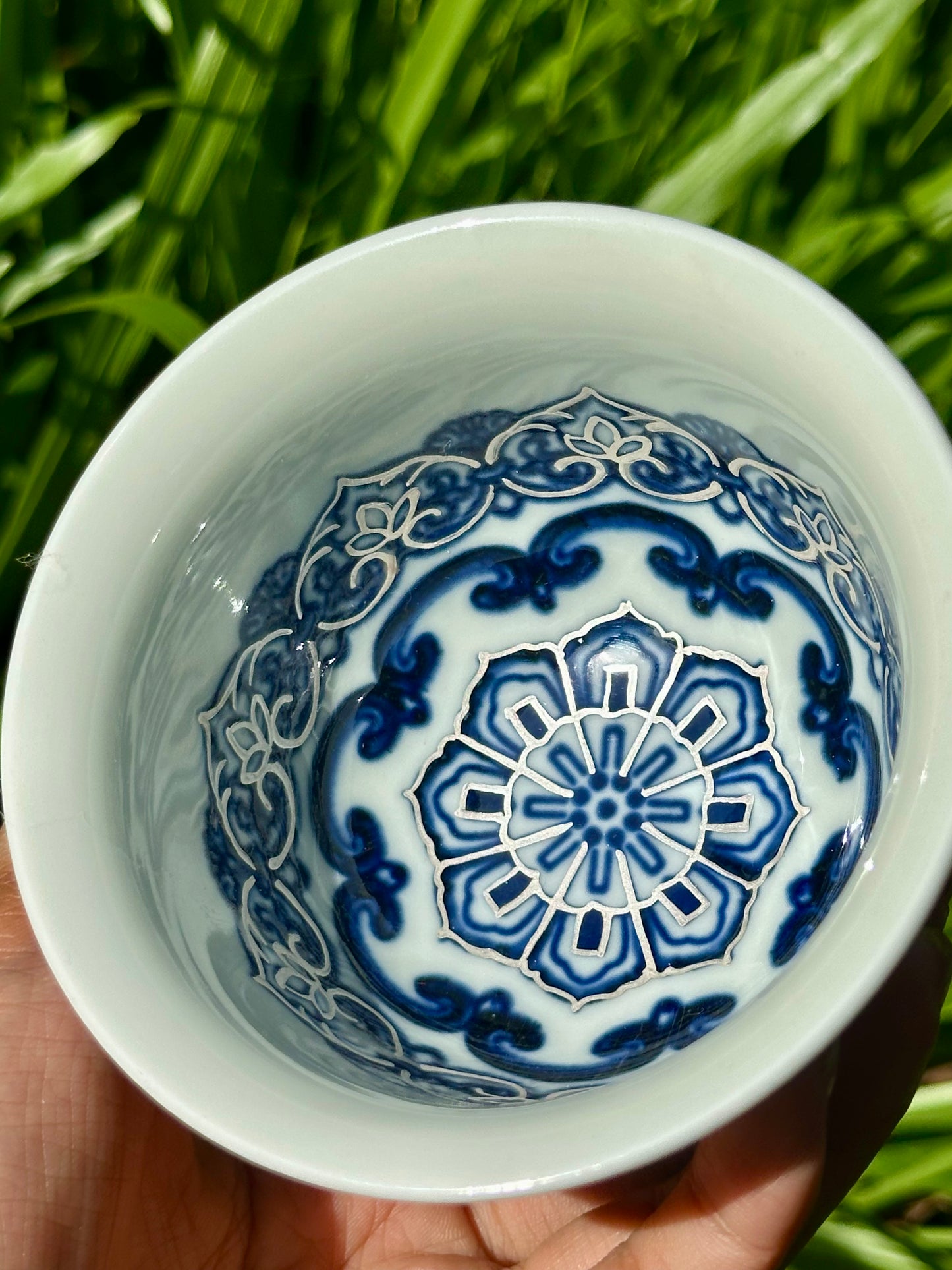 Handpainted Silver Decorative Blue White Porcelain Mandala Flower Gaiwan Tea Tray High Class Set